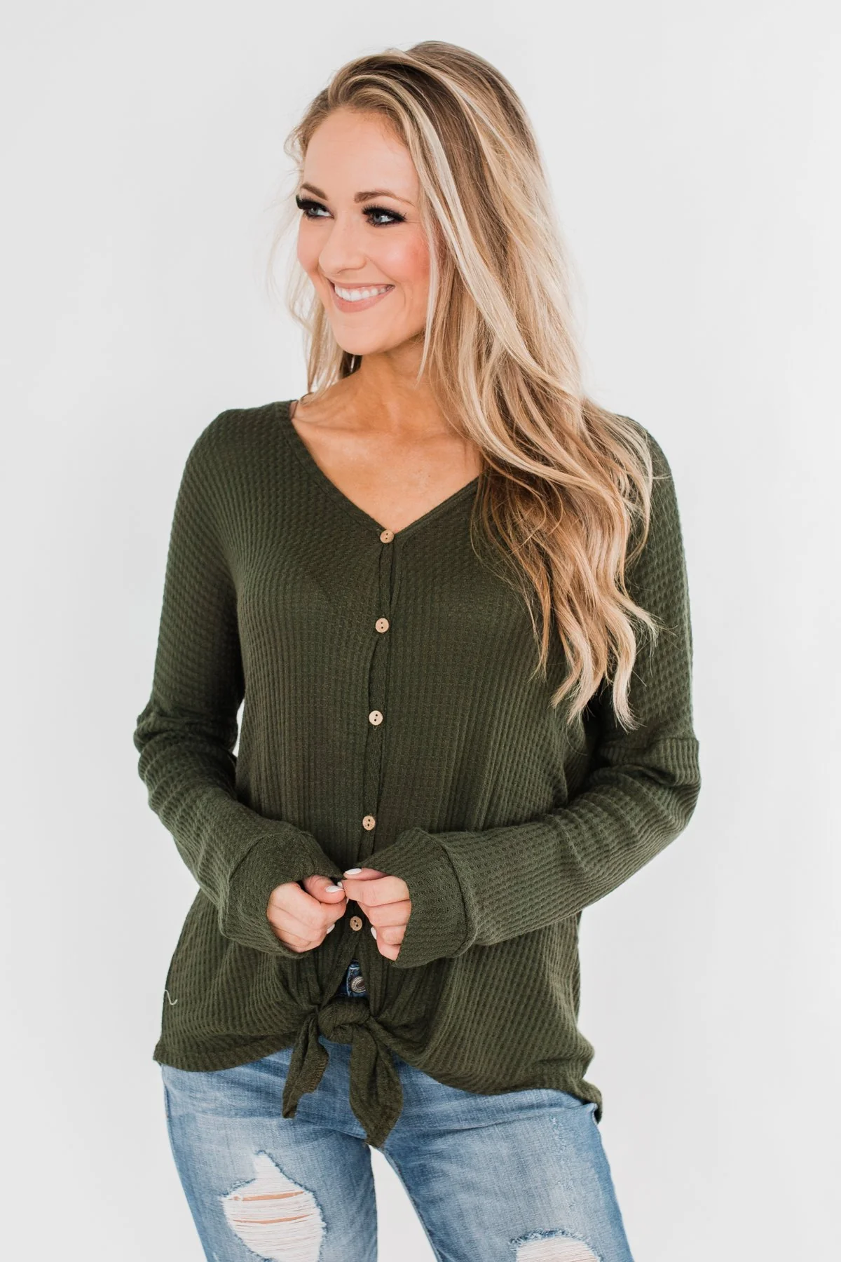 Thermal Button Knot Top- Dark Olive - Image 5