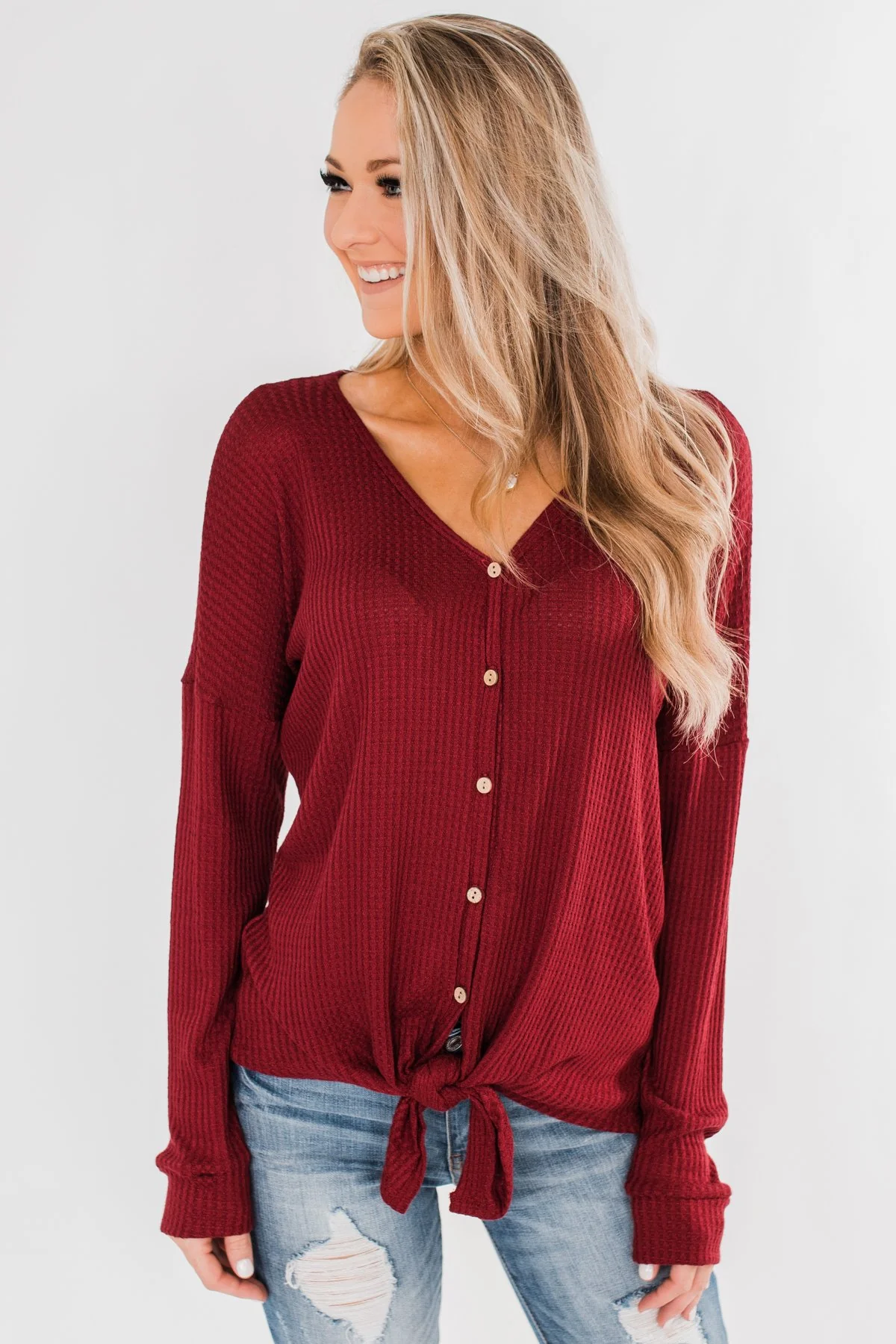 Thermal Button Knot Top- Red - Image 10