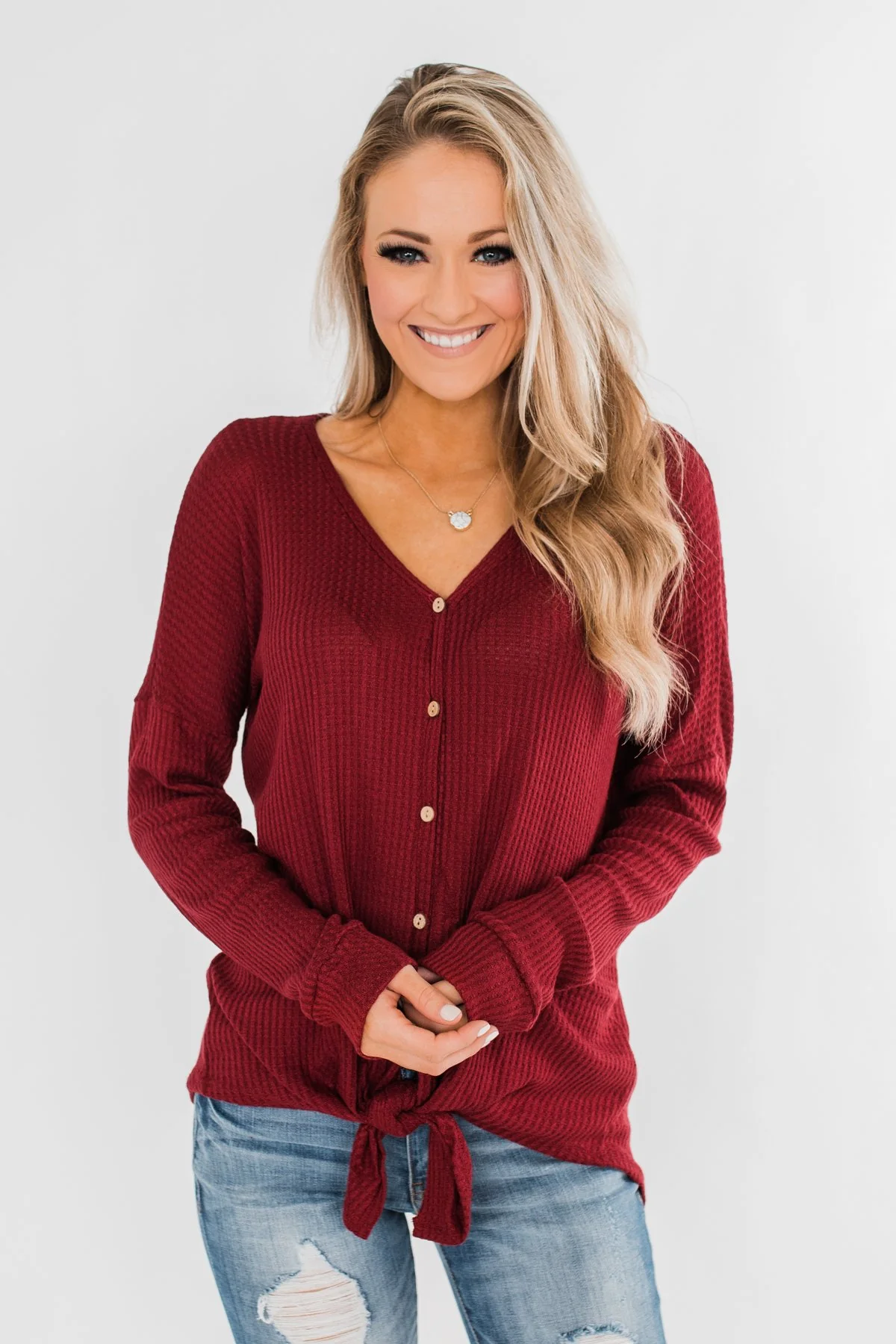 Thermal Button Knot Top- Red - Image 6