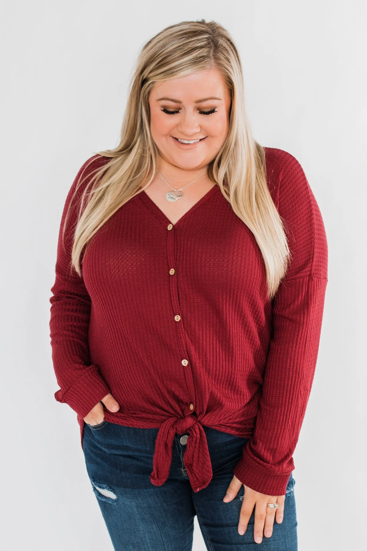 Thermal Button Knot Top- Red - Image 7