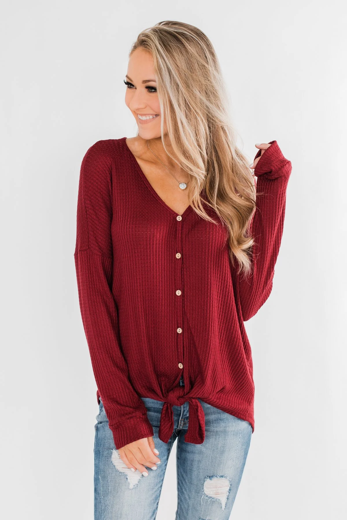 Thermal Button Knot Top- Red - Image 8