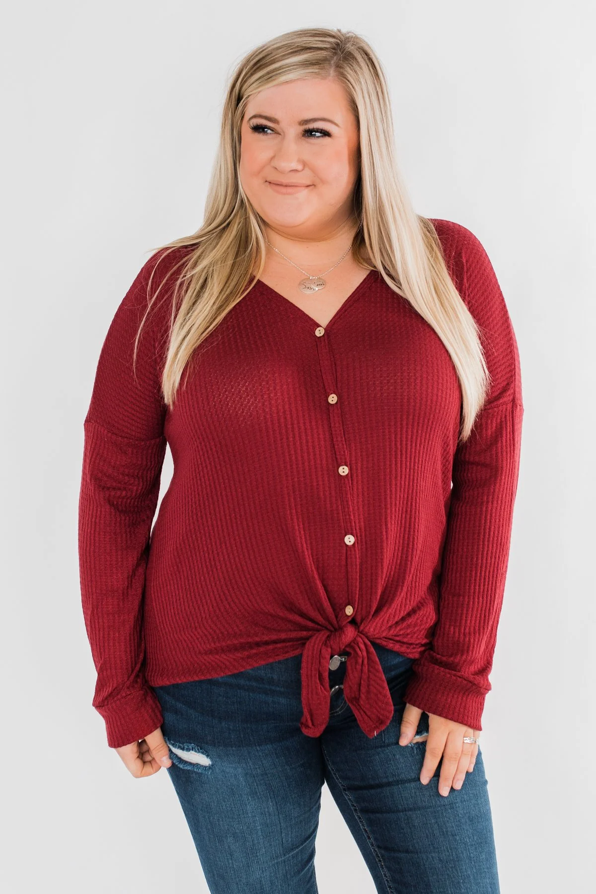 Thermal Button Knot Top- Red - Image 9