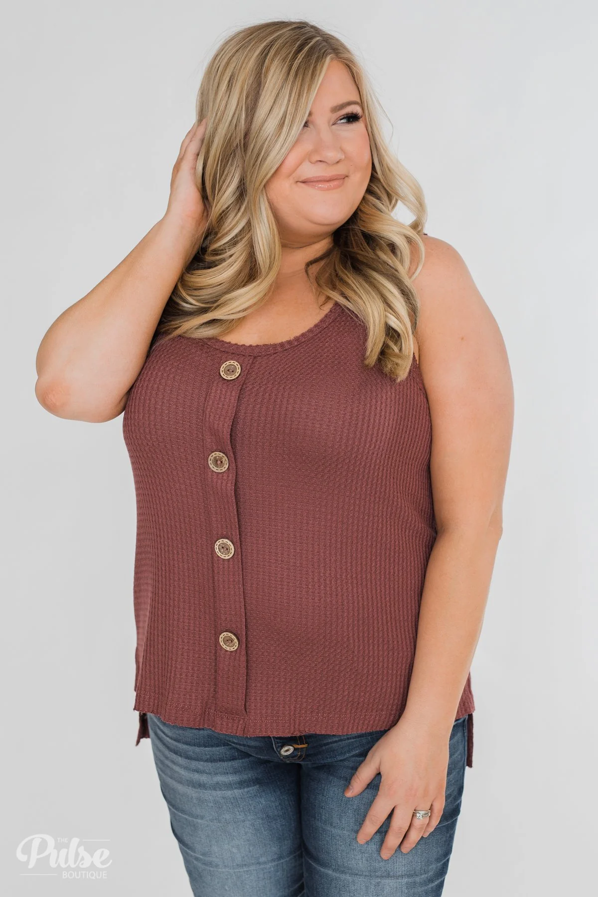 Thermal Button Tank Top- Marsala - Image 2