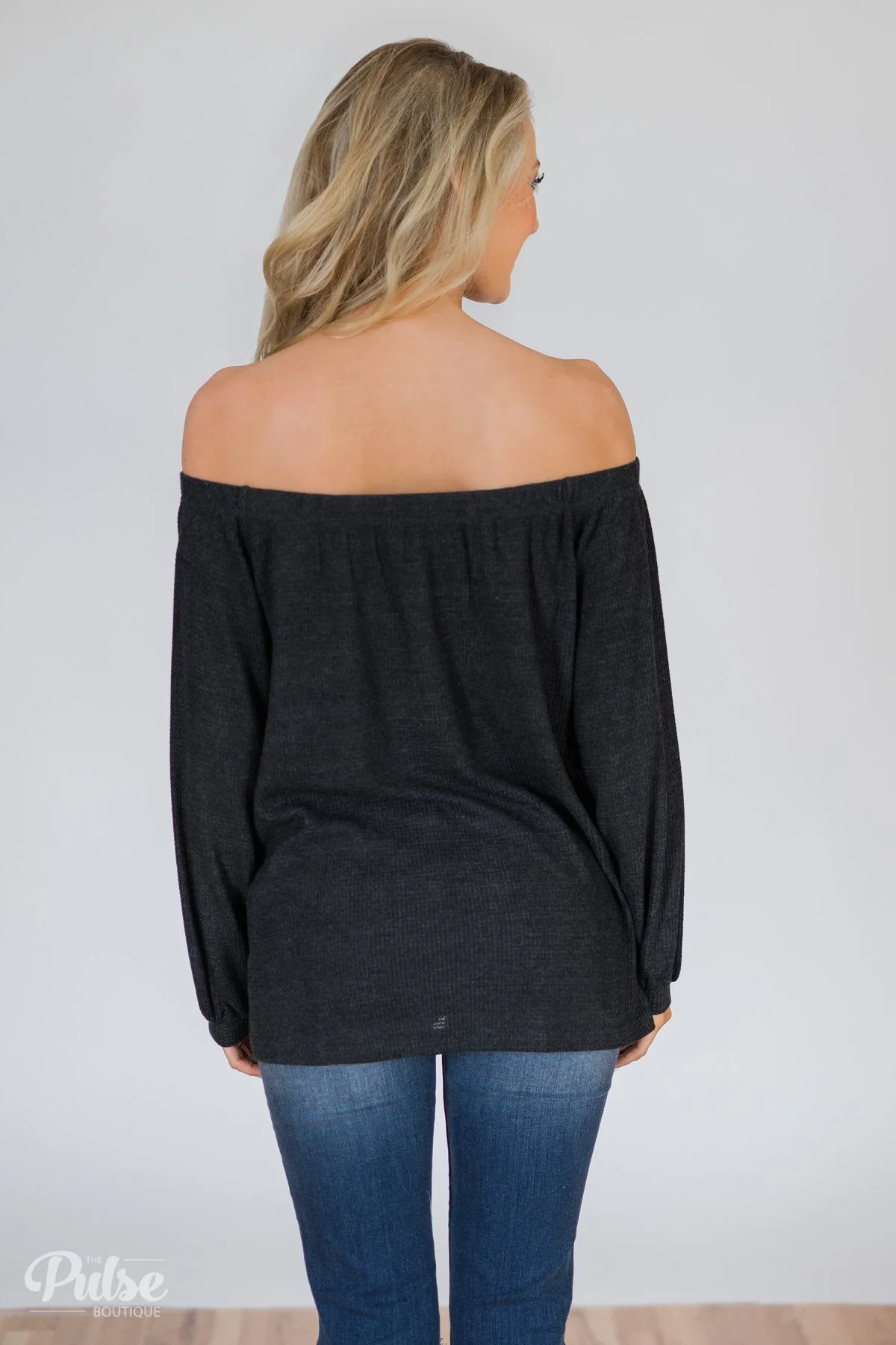 Thermal Off the Shoulder Button Top- Charcoal - Image 6