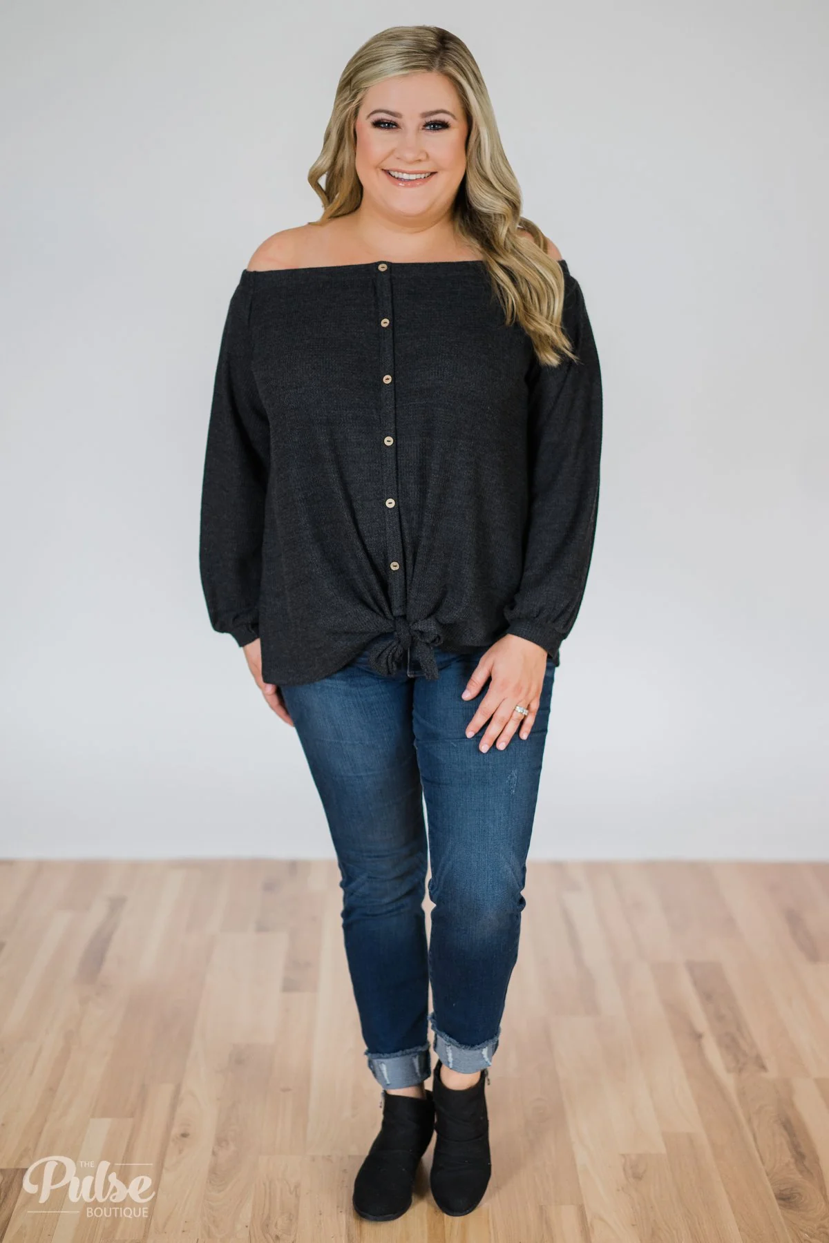 Thermal Off the Shoulder Button Top- Charcoal - Image 7