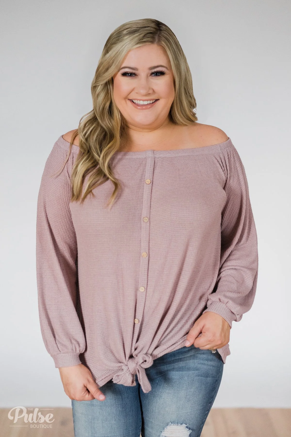 Thermal Off the Shoulder Button Top- Dusty Mauve - Image 2