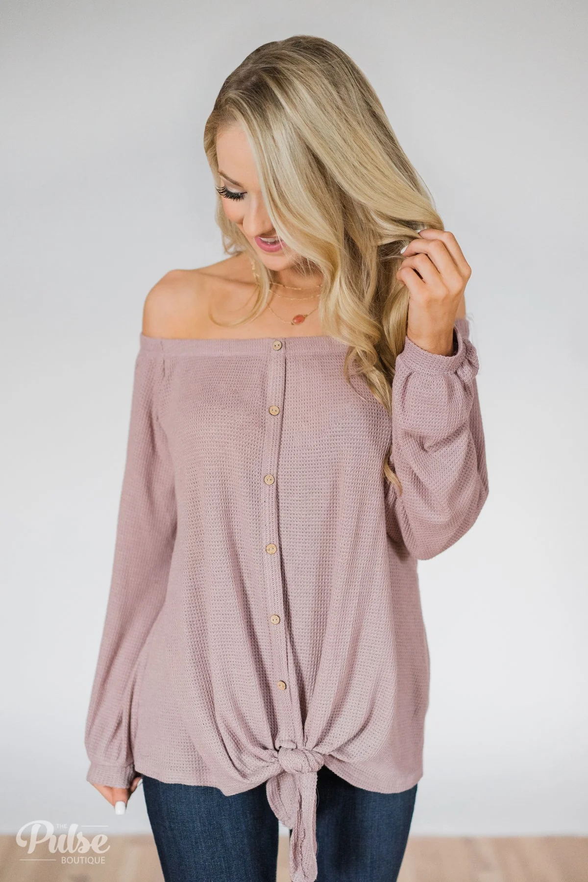 Thermal Off the Shoulder Button Top- Dusty Mauve - Image 5