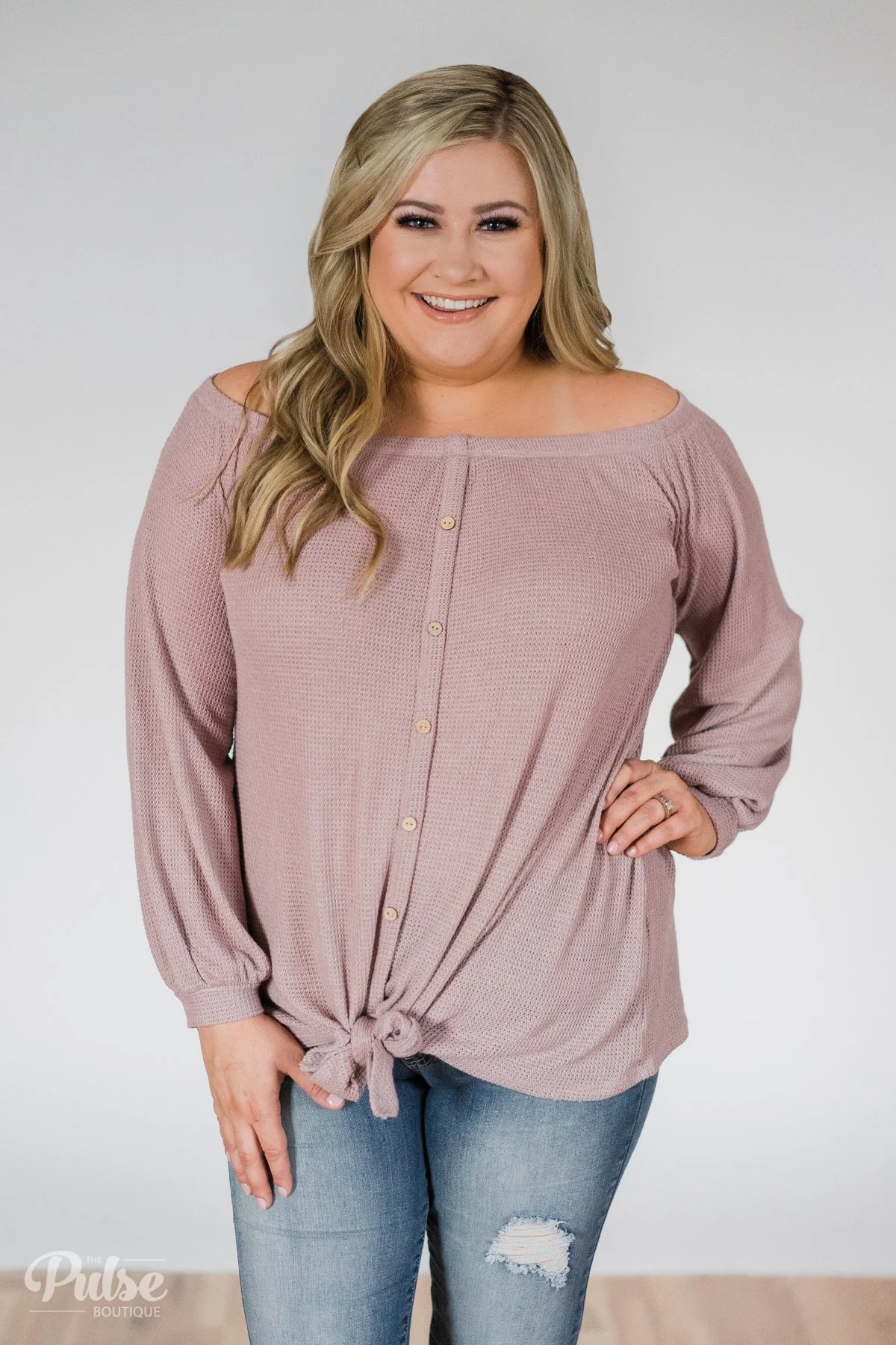 Thermal Off the Shoulder Button Top- Dusty Mauve - Image 8