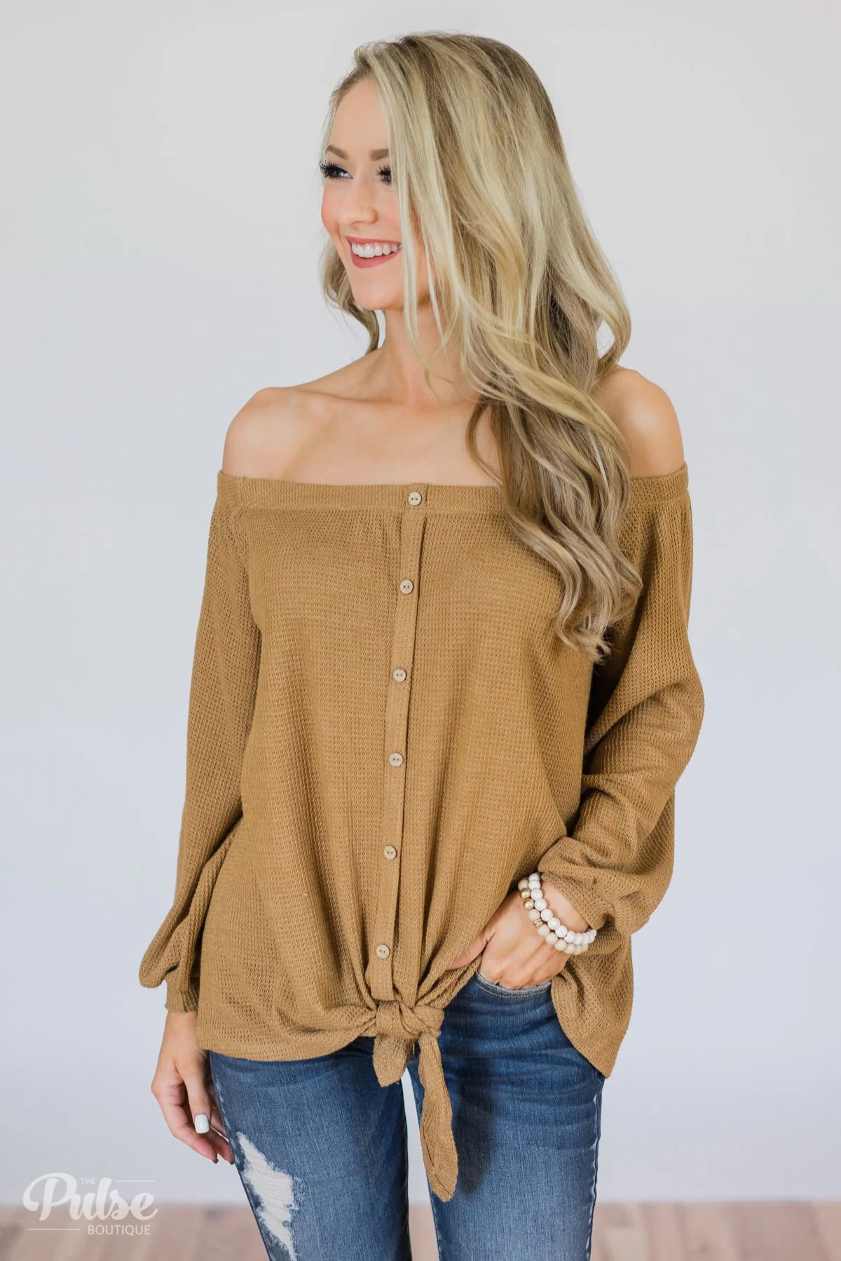 Thermal Off the Shoulder Button Top- Mustard - Image 3
