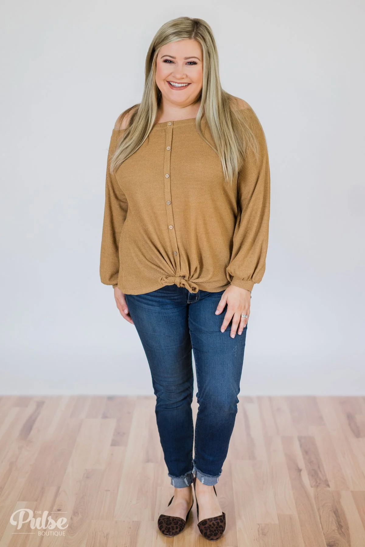 Thermal Off the Shoulder Button Top- Mustard - Image 4