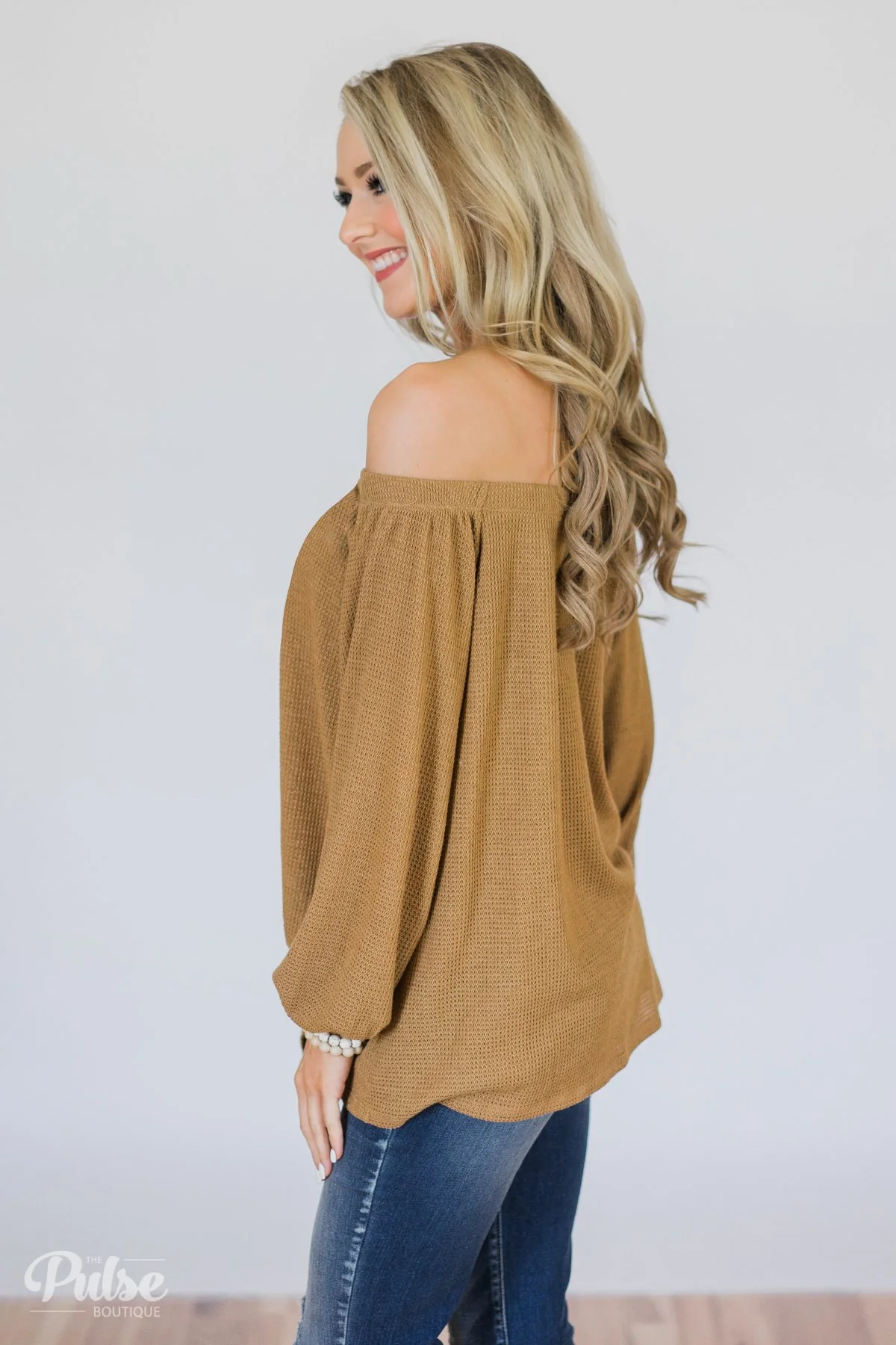 Thermal Off the Shoulder Button Top- Mustard - Image 6