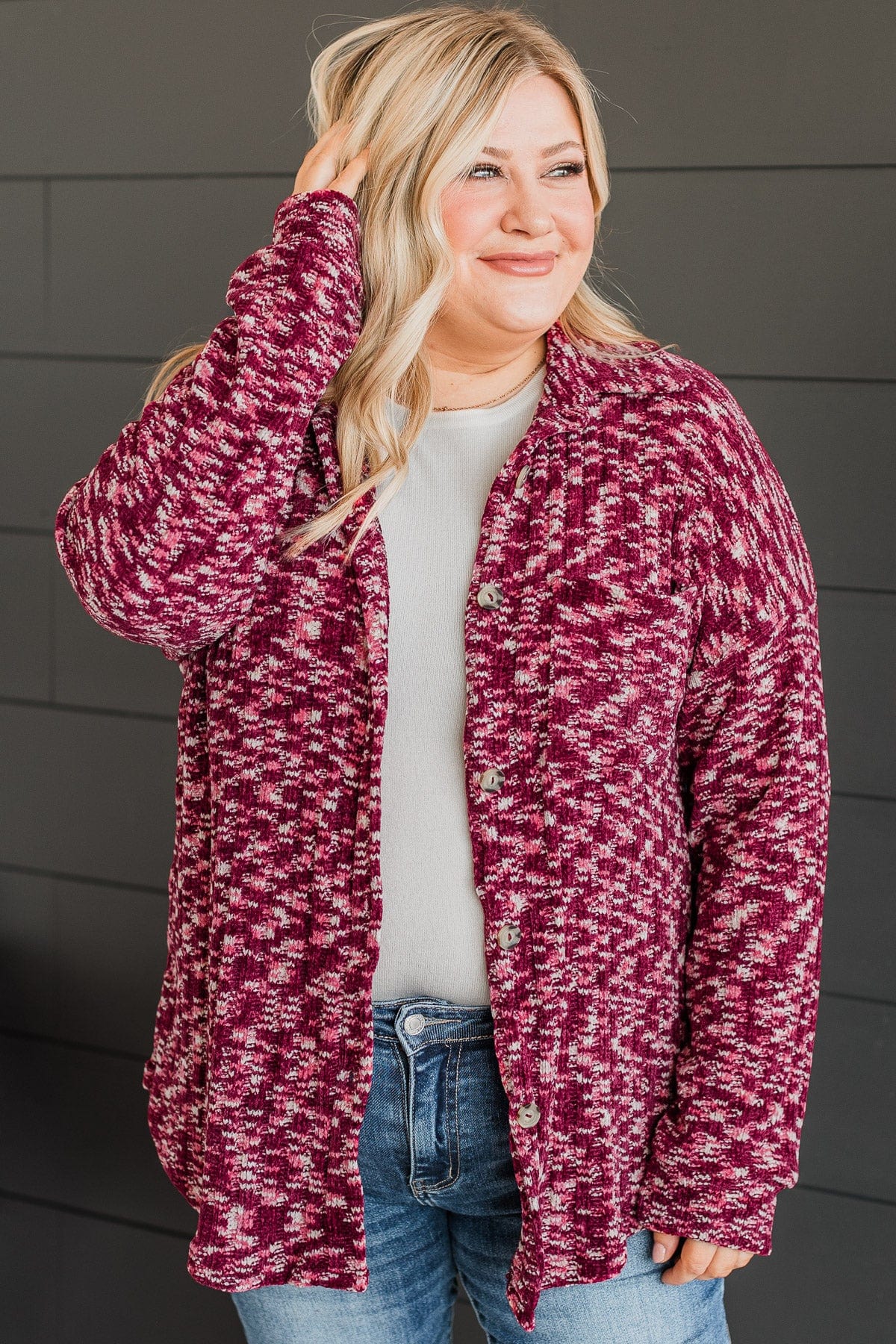 Think About Me Knit Shirt Jacket- Burgundy & Pink - Image 5