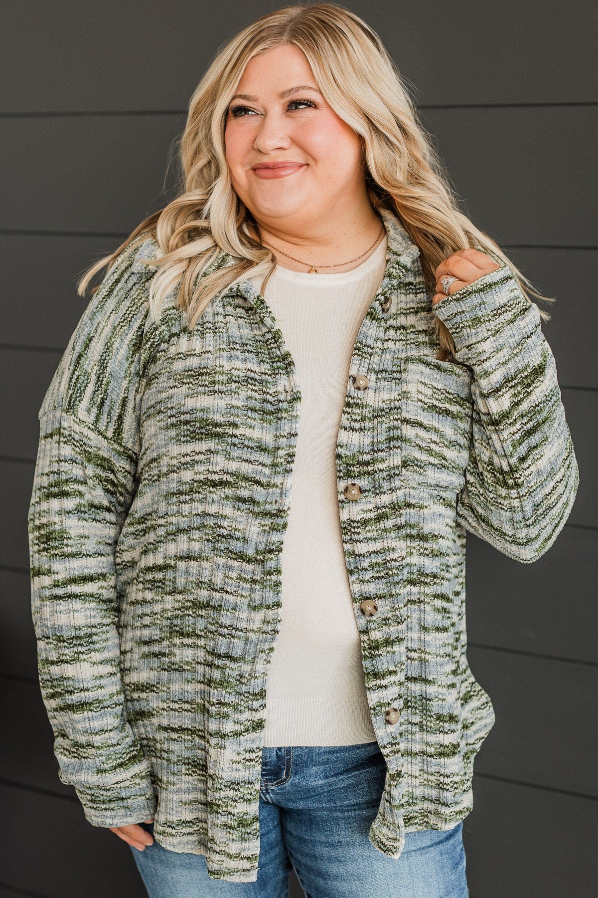 Think About Me Knit Shirt Jacket- Olive & Blue - Image 4