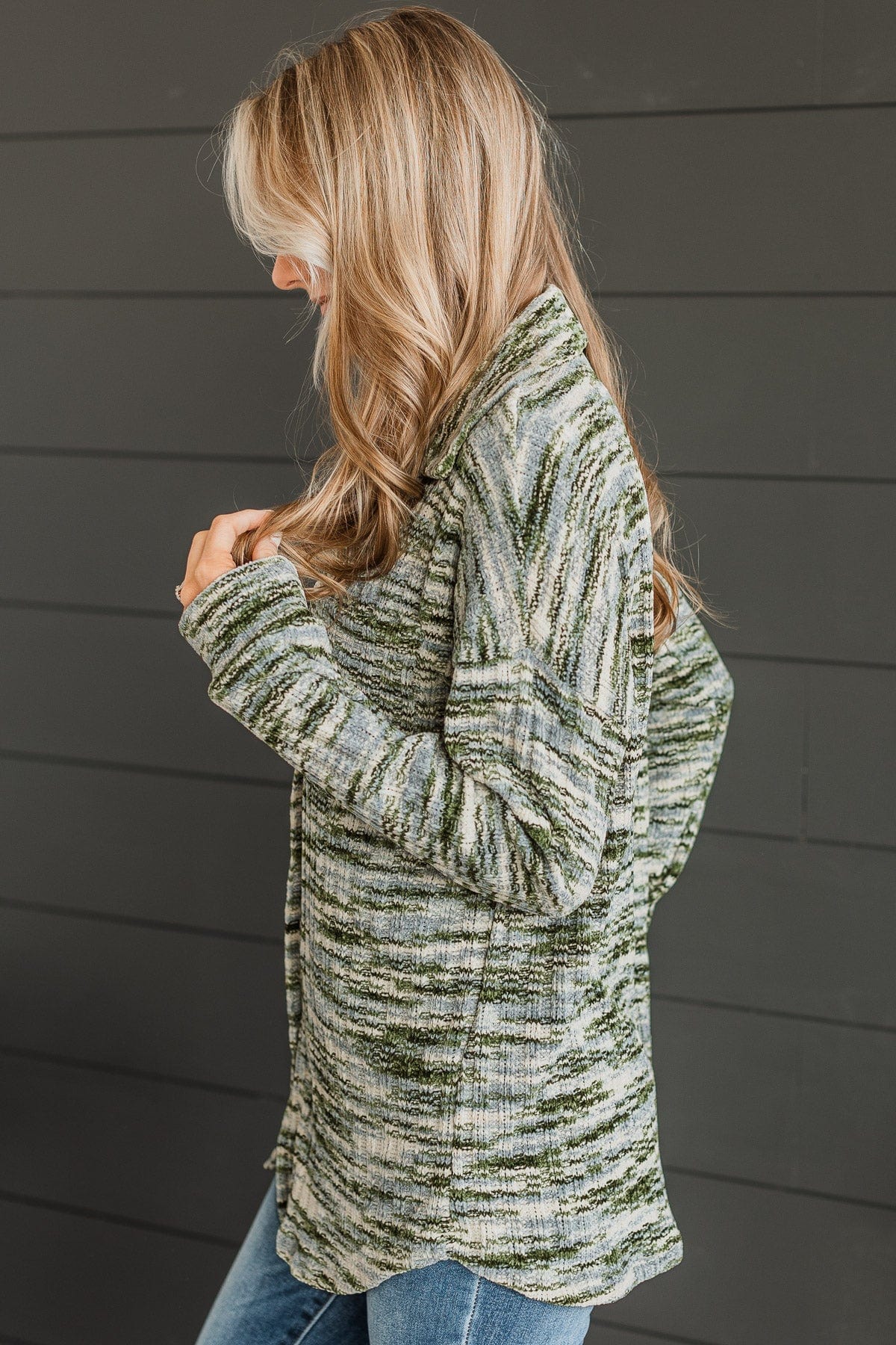 Think About Me Knit Shirt Jacket- Olive & Blue - Image 7