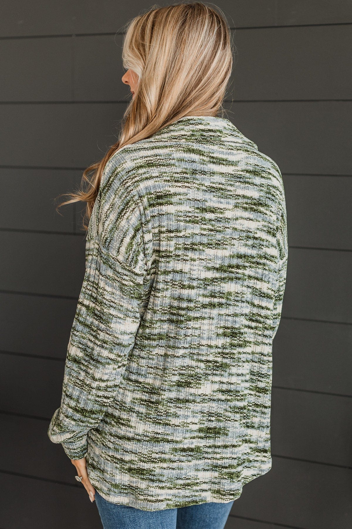 Think About Me Knit Shirt Jacket- Olive & Blue - Image 8