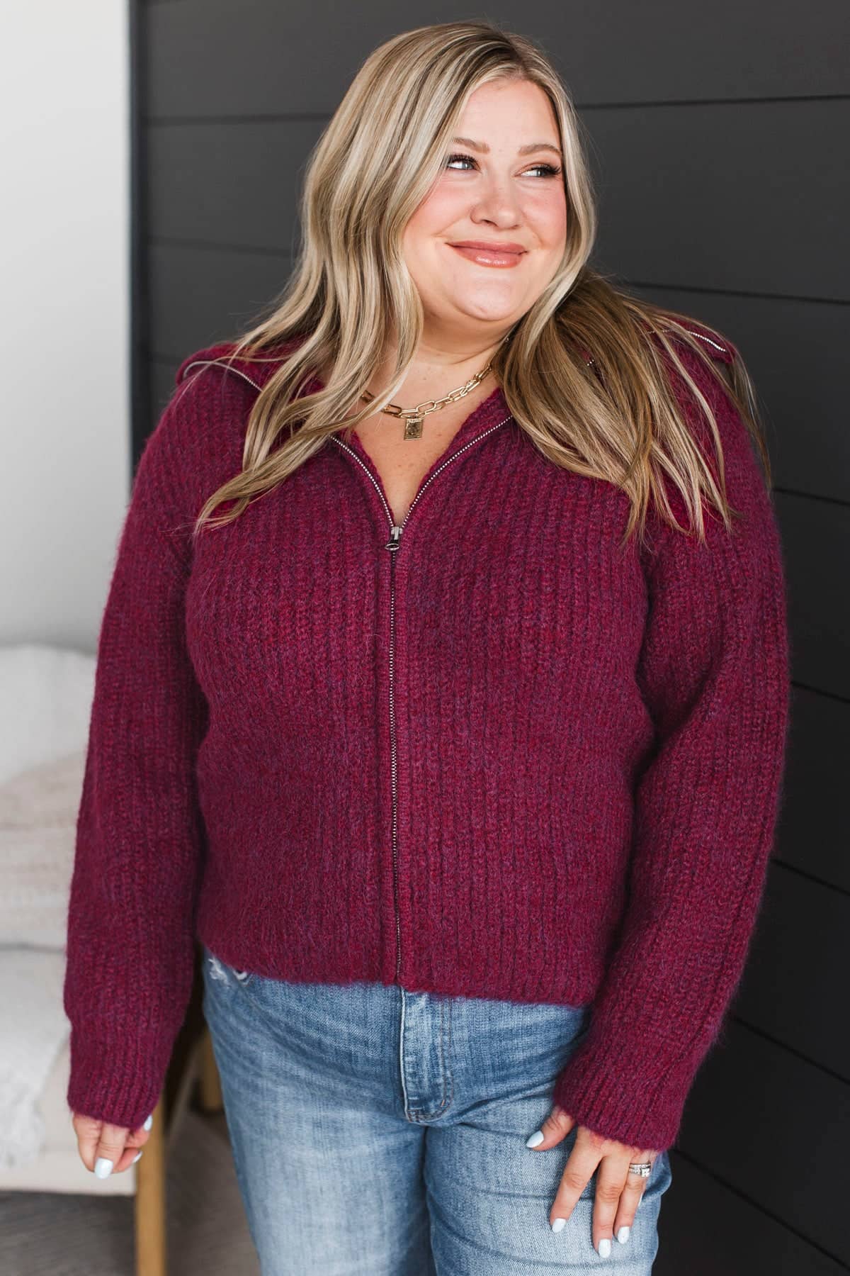 Think Cozy Zip Up Sweater- Wine - Image 3
