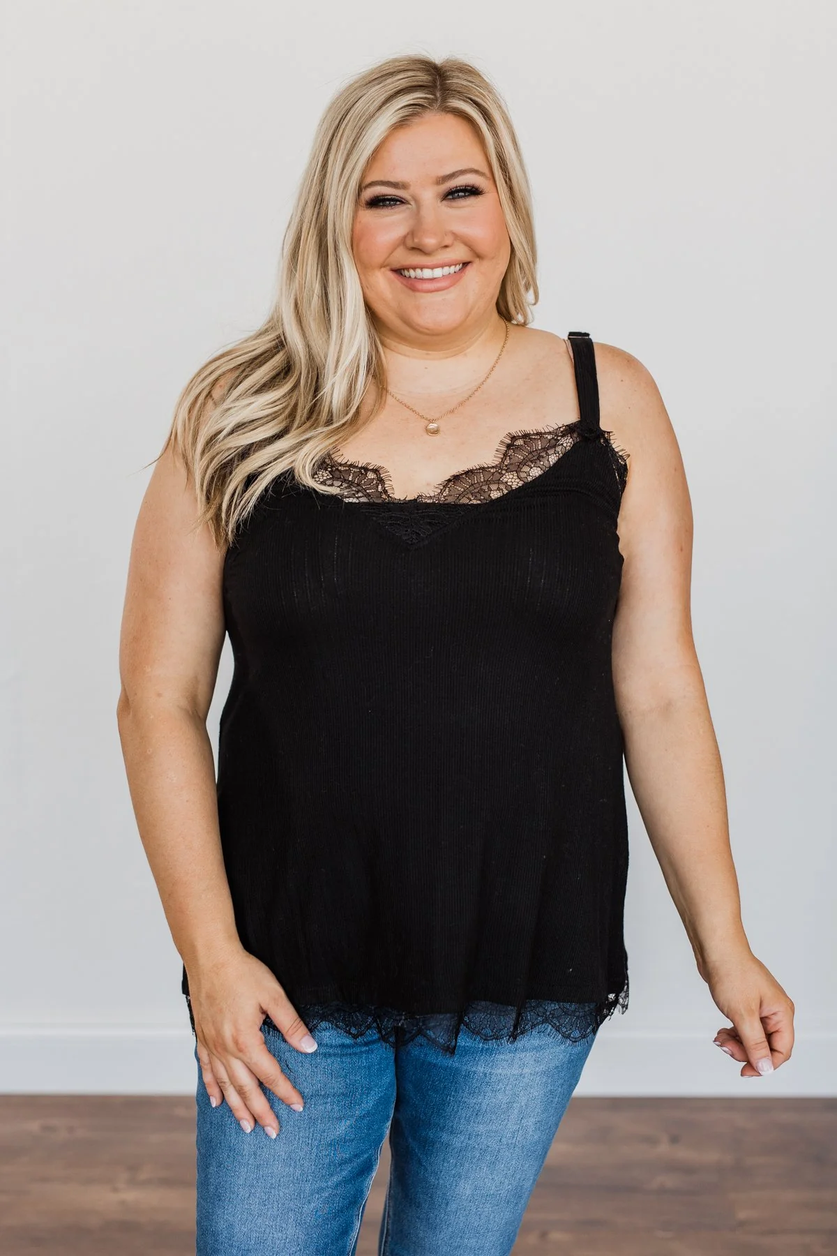 Think Like A Queen Lace Trimmed Tank Top- Black - Image 6