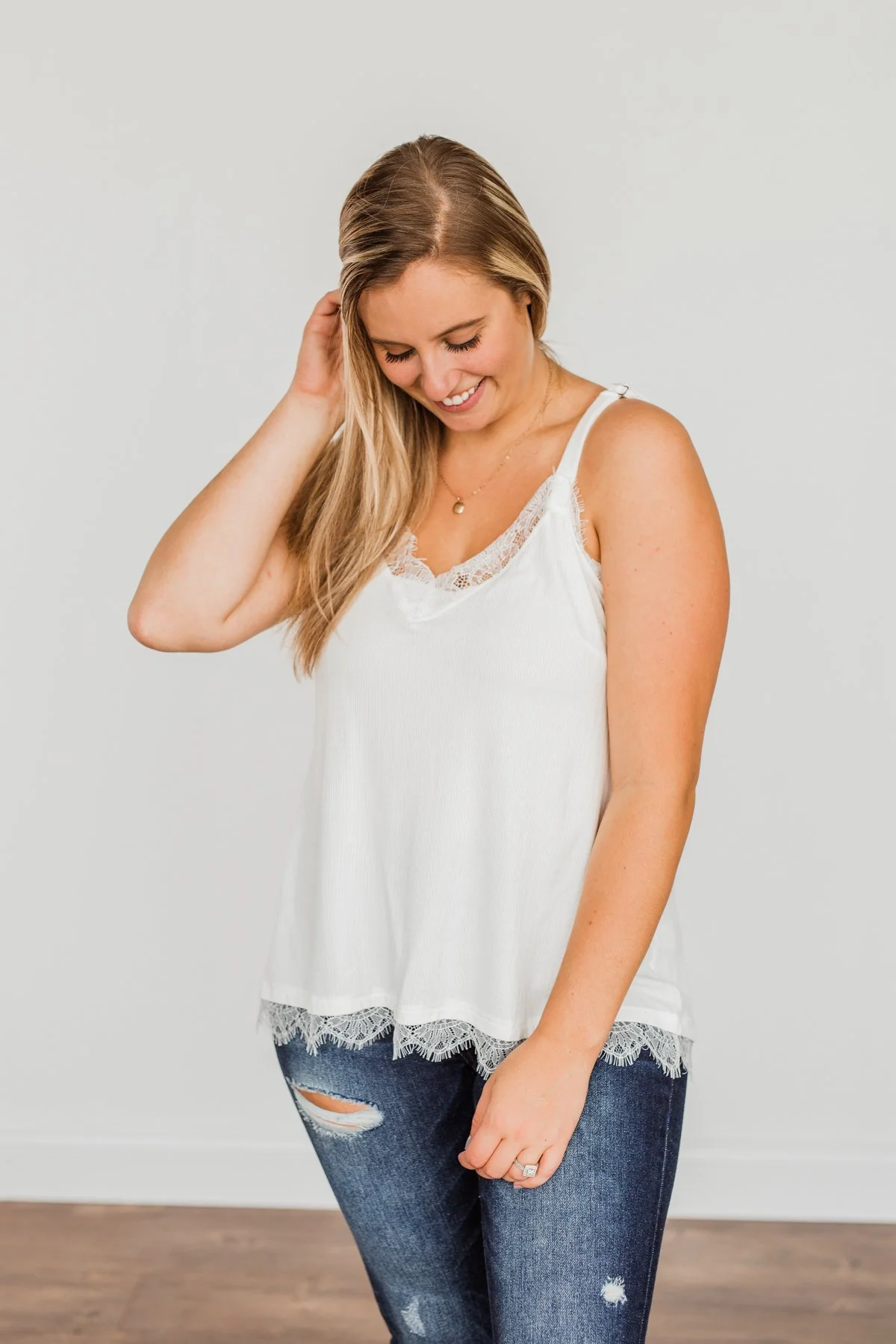 Think Like A Queen Lace Trimmed Tank Top- Off-White - Image 5