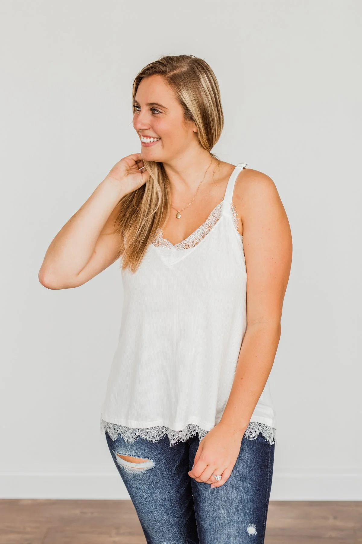 Think Like A Queen Lace Trimmed Tank Top- Off-White - Image 8
