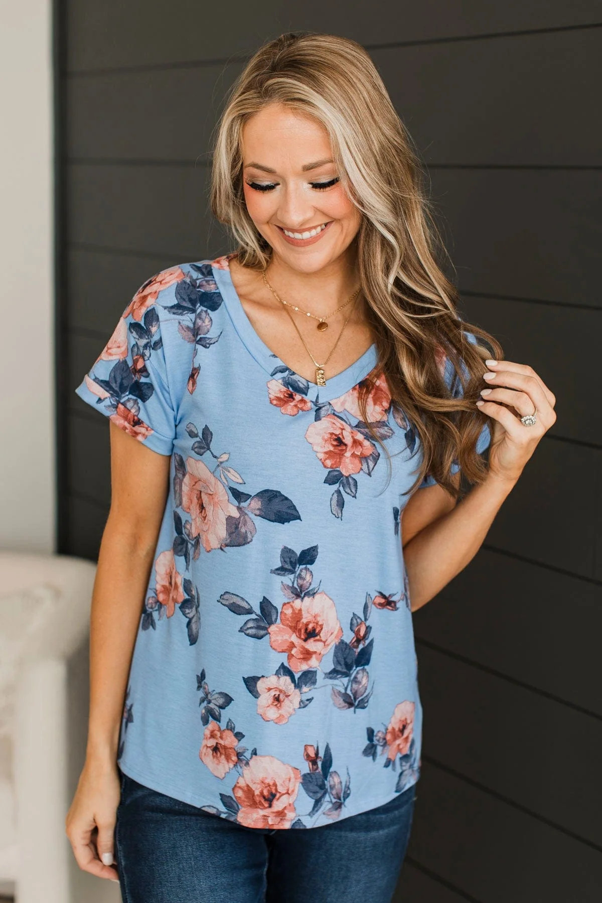 Think Of Me Floral V-Neck Top- Blue - Image 2