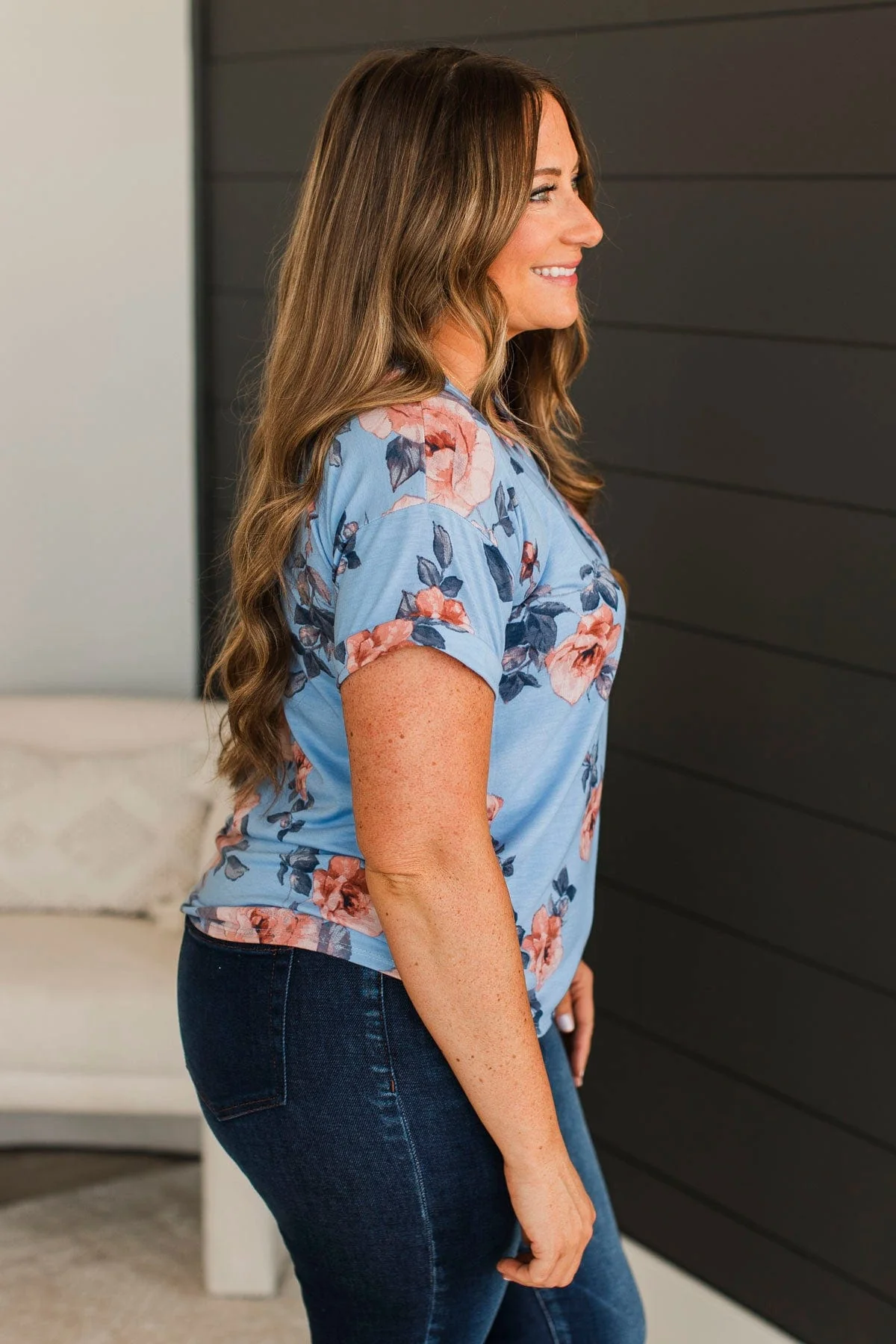 Think Of Me Floral V-Neck Top- Blue - Image 5