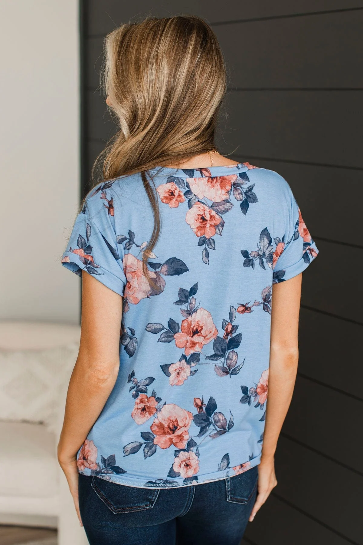 Think Of Me Floral V-Neck Top- Blue - Image 6