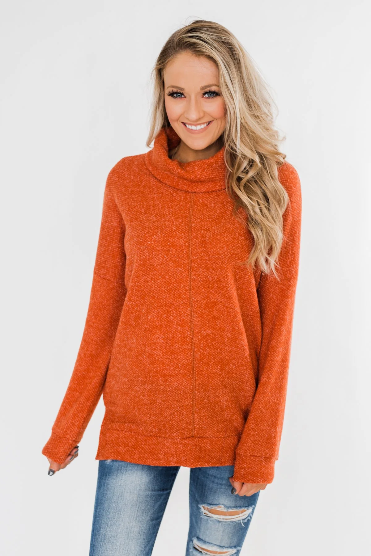Thinking About You Cowl Neck Sweater- Burnt Orange - Image 3
