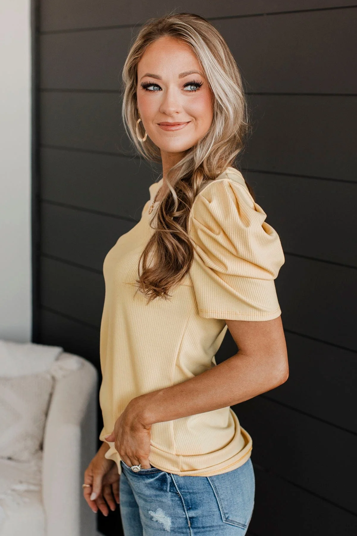 Thinking Ahead Puff Sleeve Top- Light Yellow - Image 6