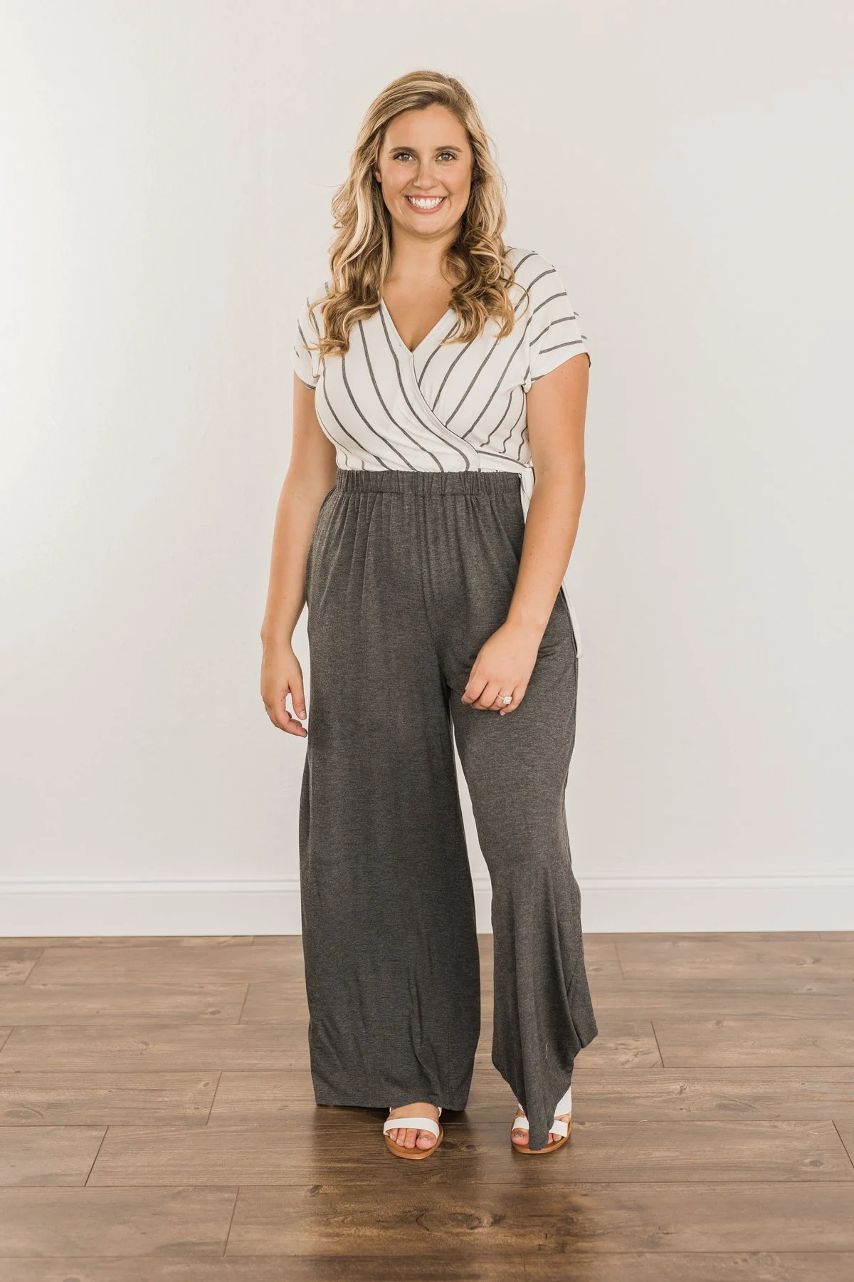 Thinking Of Us Striped Jumpsuit- Ivory & Charcoal - Image 4