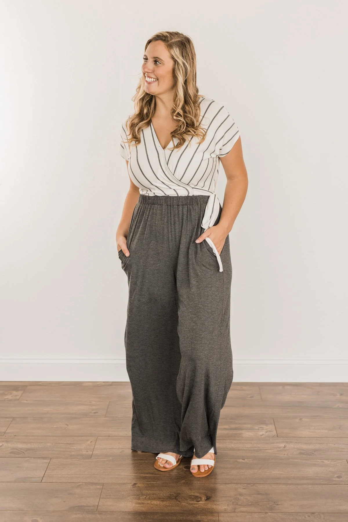 Thinking Of Us Striped Jumpsuit- Ivory & Charcoal - Image 6