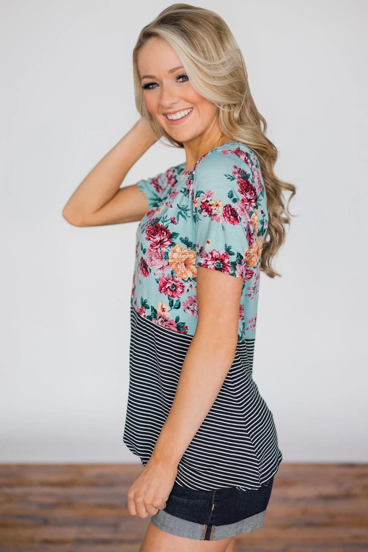 Thinking of You Floral & Stripes Knot Top- Baby Blue - Image 5