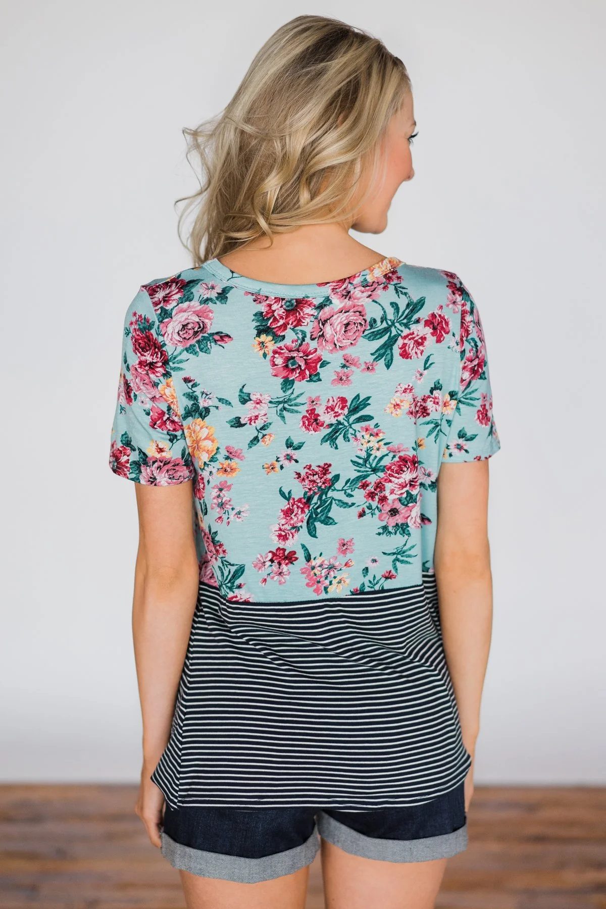 Thinking of You Floral & Stripes Knot Top- Baby Blue - Image 6