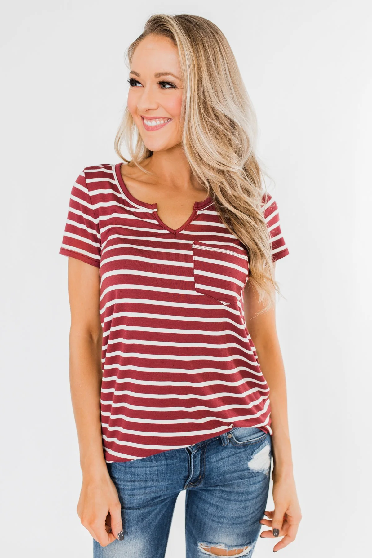 This is Me Striped Notch Pocket Top- Brick Red & Ivory - Image 3
