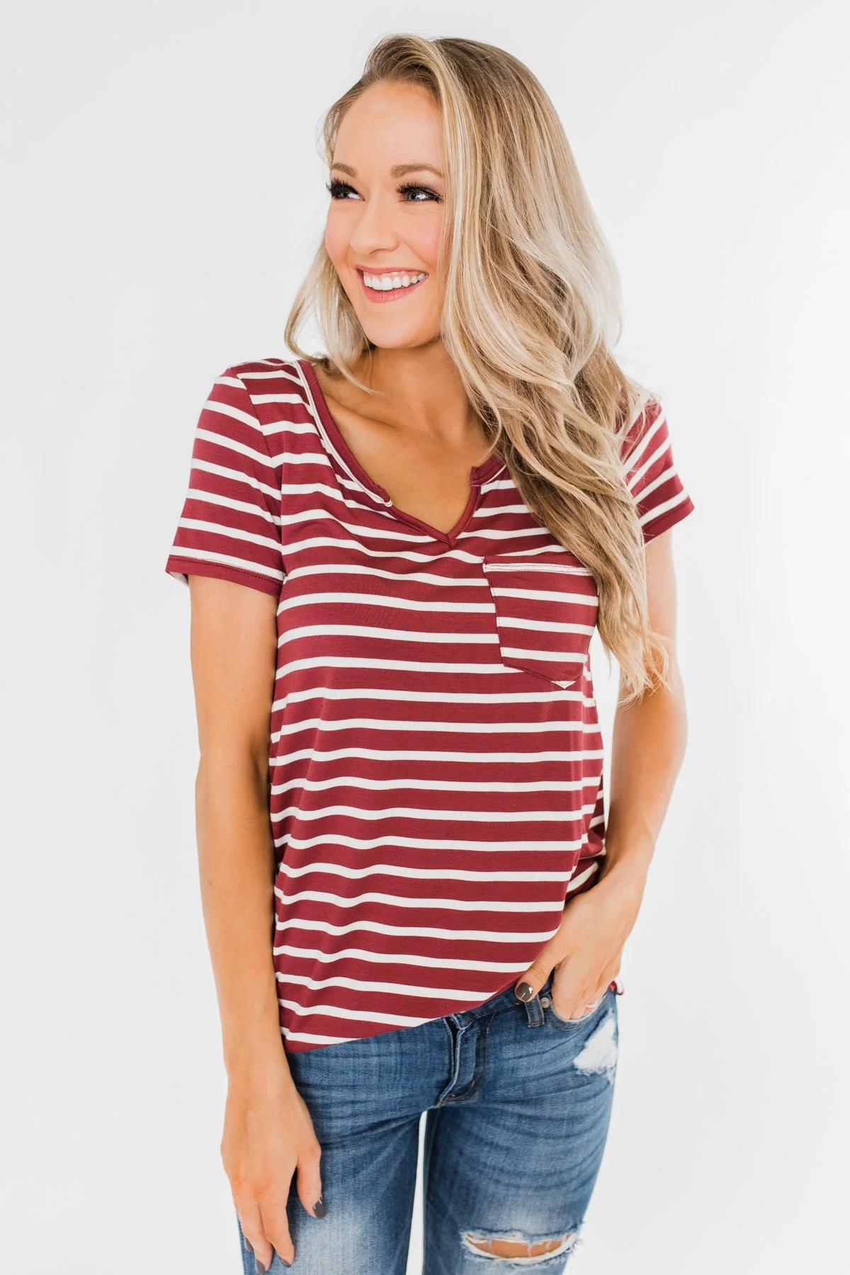 This is Me Striped Notch Pocket Top- Brick Red & Ivory - Image 5
