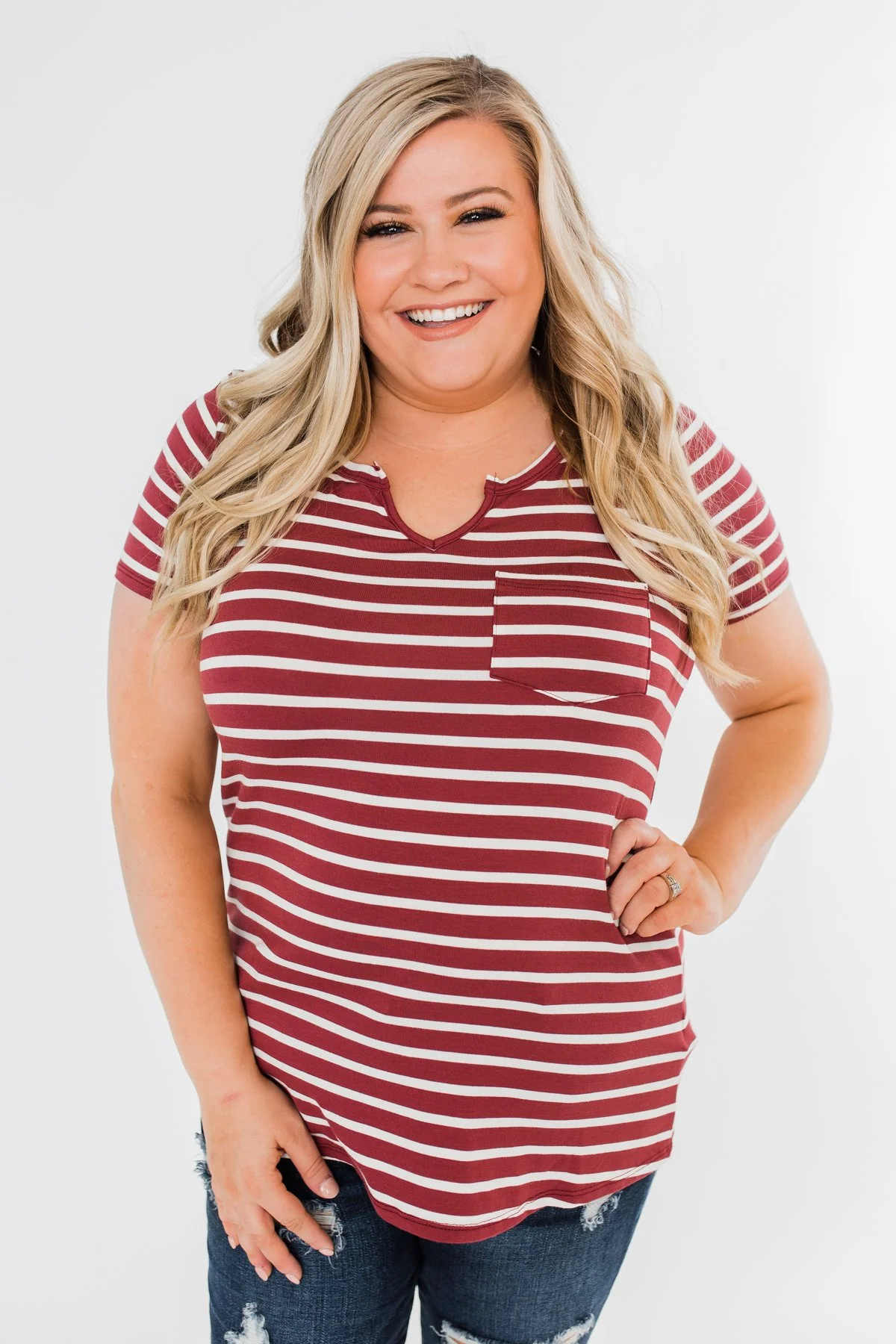 This is Me Striped Notch Pocket Top- Brick Red & Ivory - Image 6