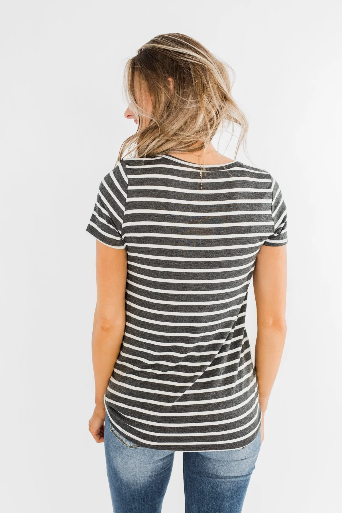 This is Me Striped Notch Pocket Top- Charcoal & Ivory - Image 10