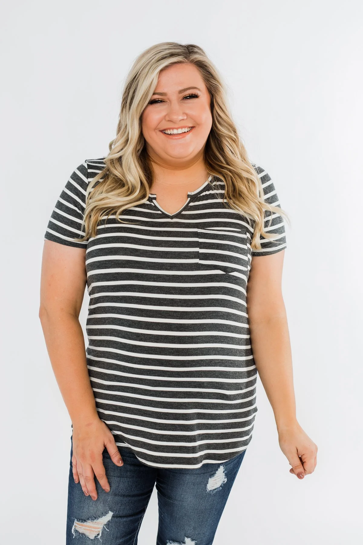 This is Me Striped Notch Pocket Top- Charcoal & Ivory - Image 2