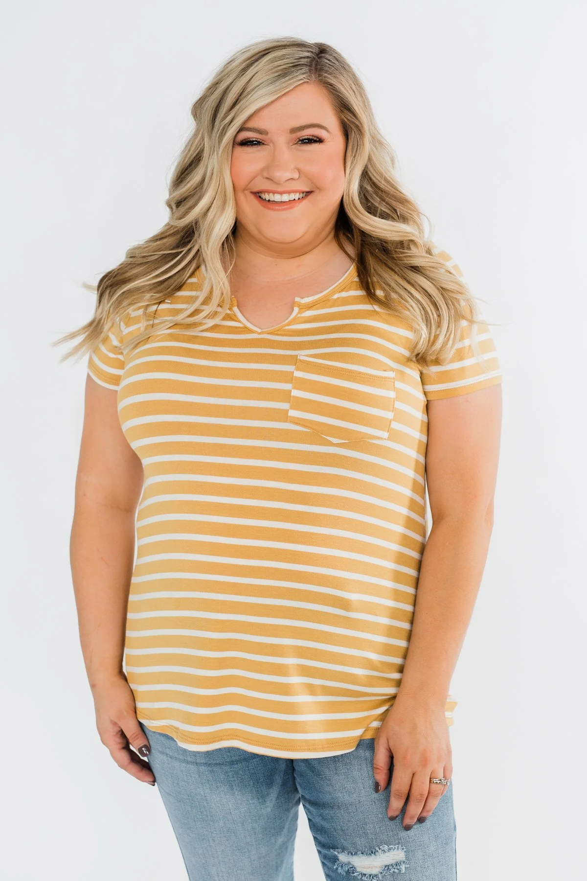 This is Me Striped Notch Pocket Top- Golden Yellow & Ivory - Image 4