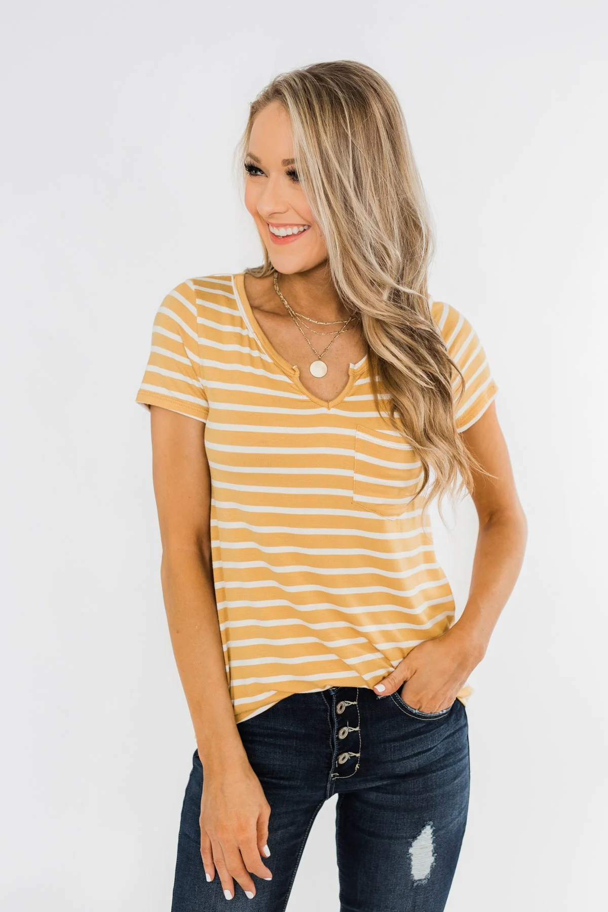 This is Me Striped Notch Pocket Top- Golden Yellow & Ivory - Image 9