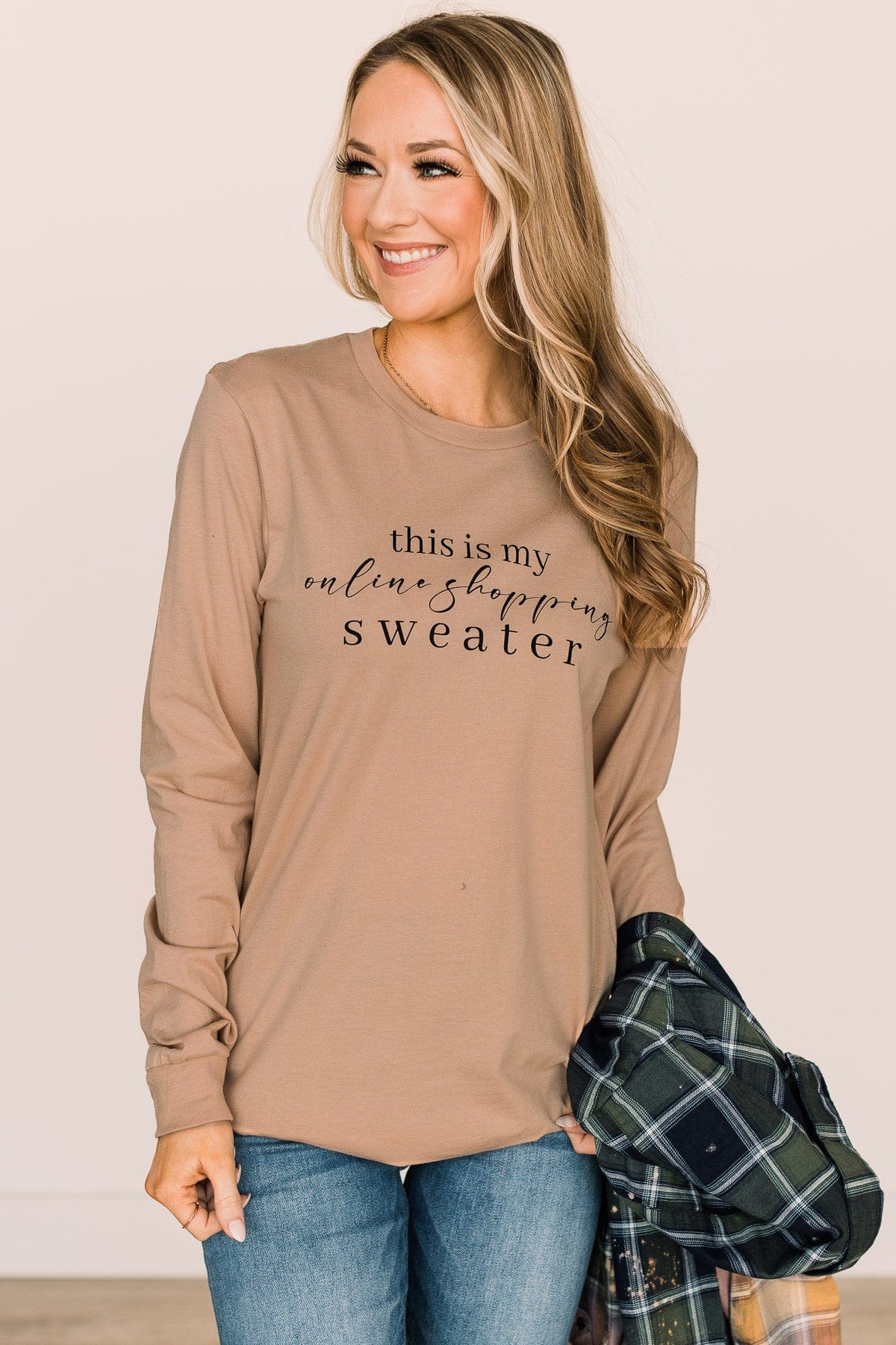 "This Is My Online Shopping Sweater" Graphic Top- Tan - Image 3