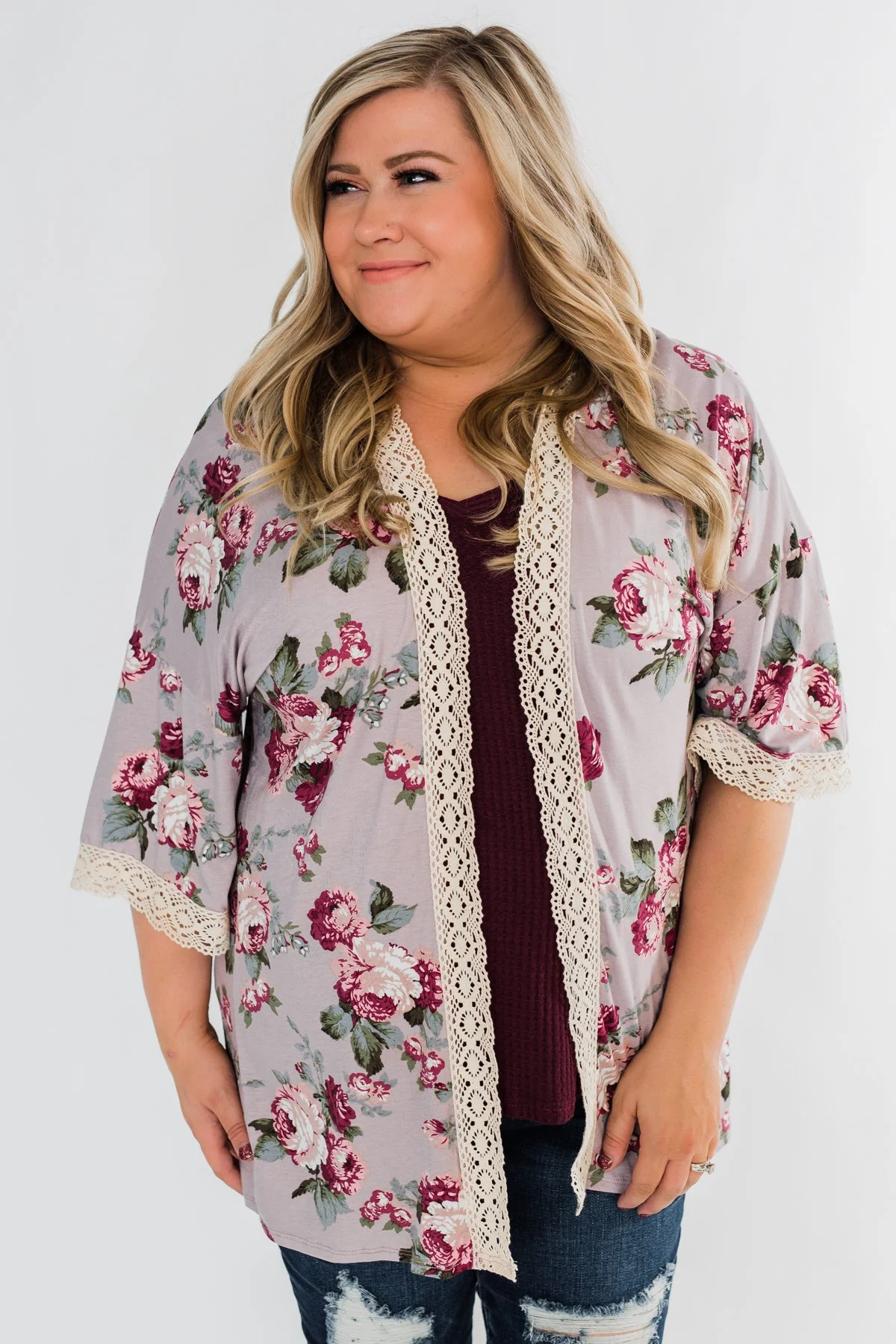 Thought Of You Crochet Floral Kimono- Light Mauve - Image 6