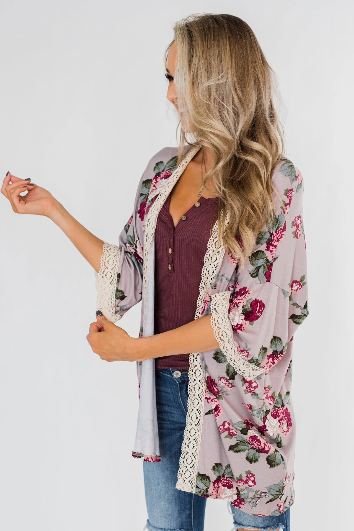 Thought Of You Crochet Floral Kimono- Light Mauve - Image 7