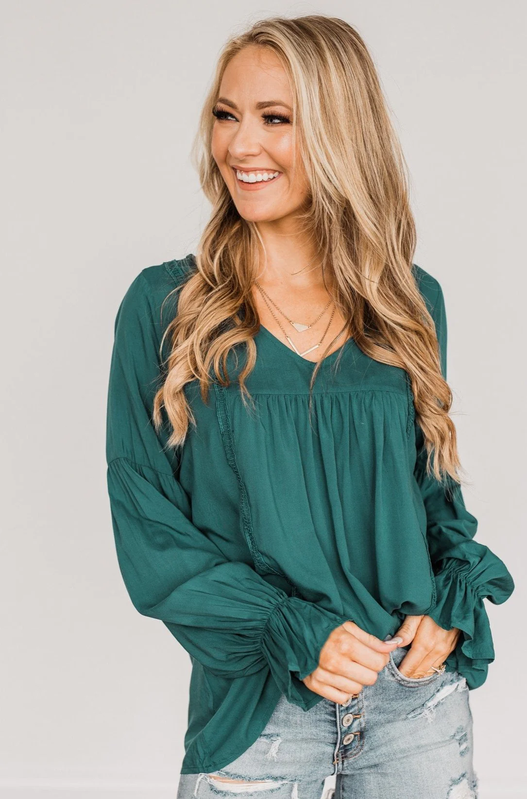 Thoughtful Moments V-Neck Blouse- Dark Teal - Image 2