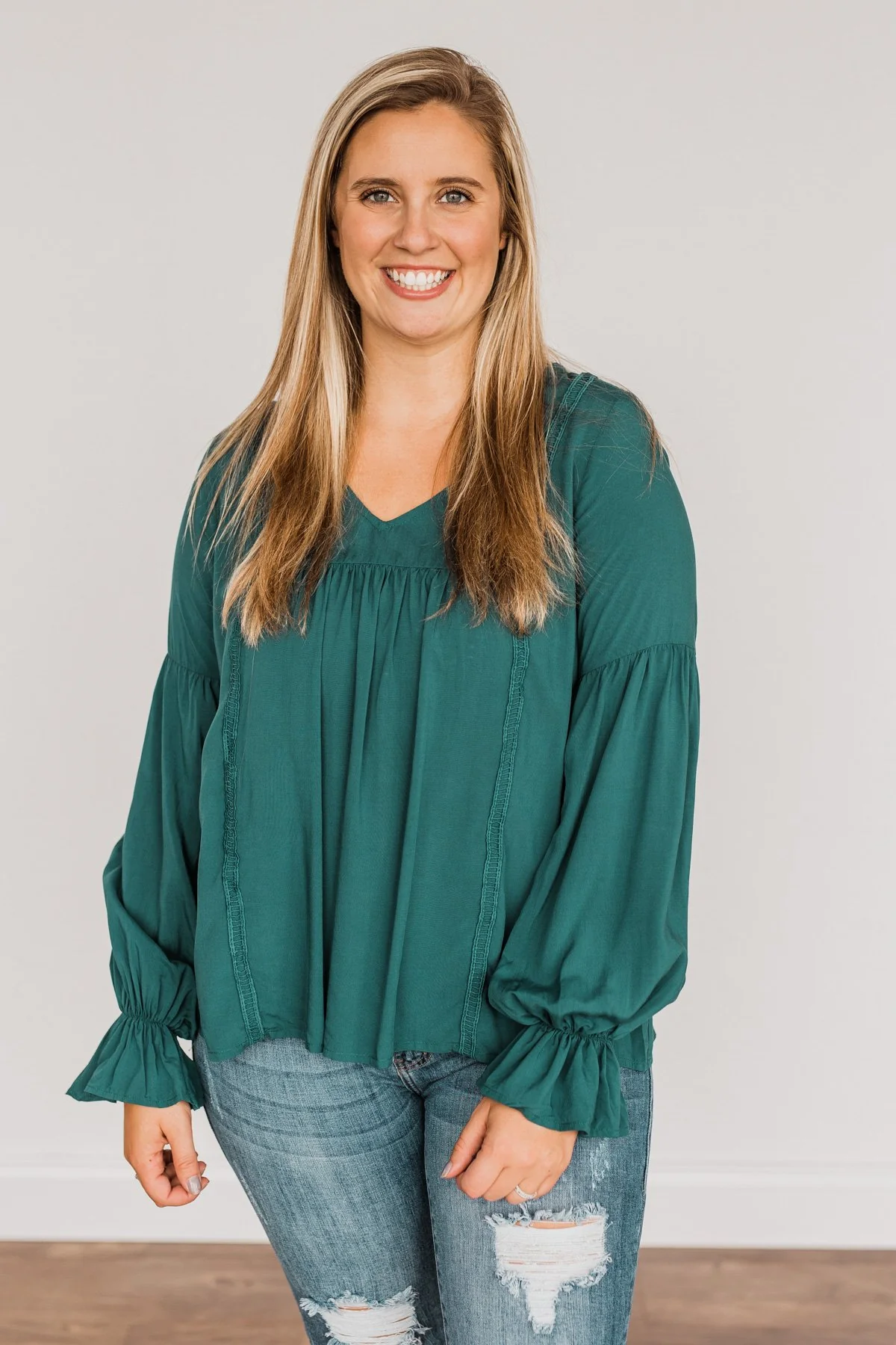 Thoughtful Moments V-Neck Blouse- Dark Teal - Image 6