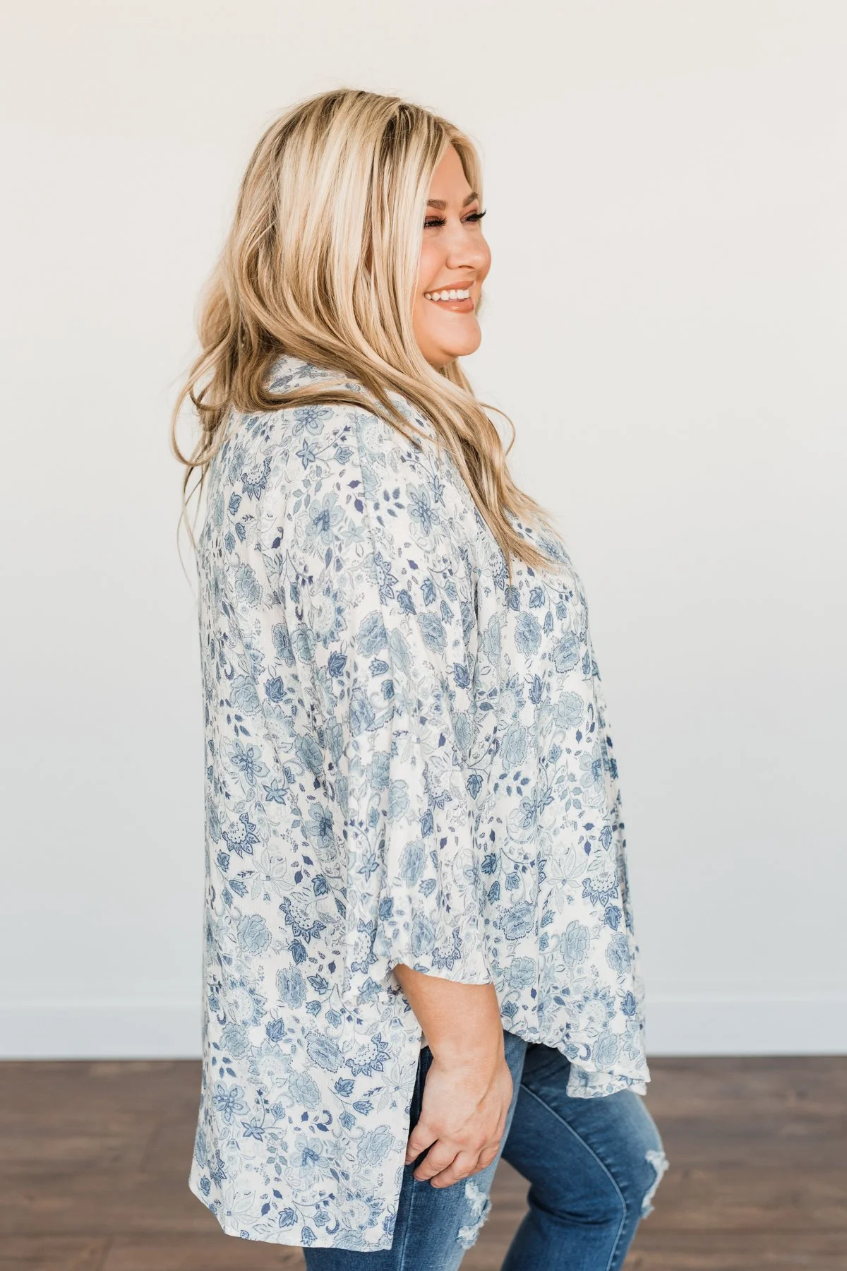 Thoughtful Wishes Floral Kimono- Ivory & Blue - Image 10