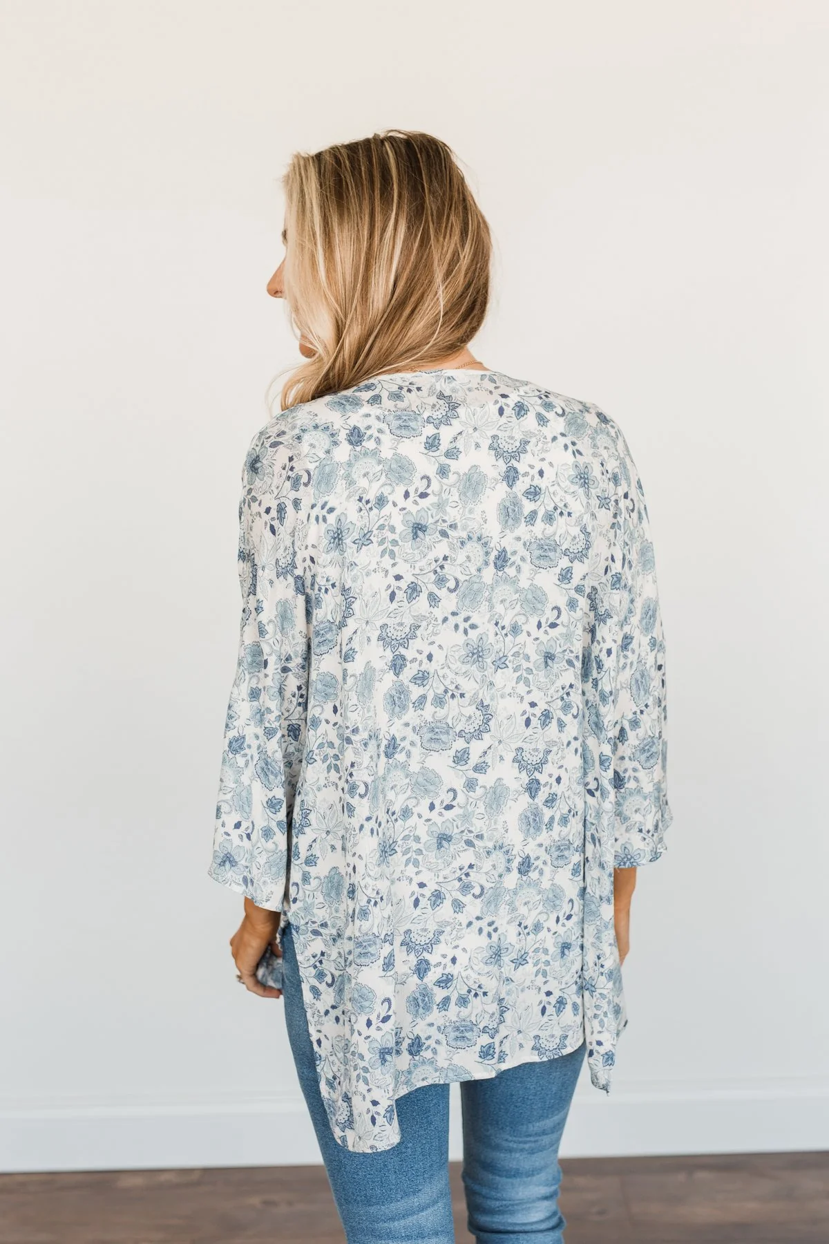 Thoughtful Wishes Floral Kimono- Ivory & Blue - Image 12