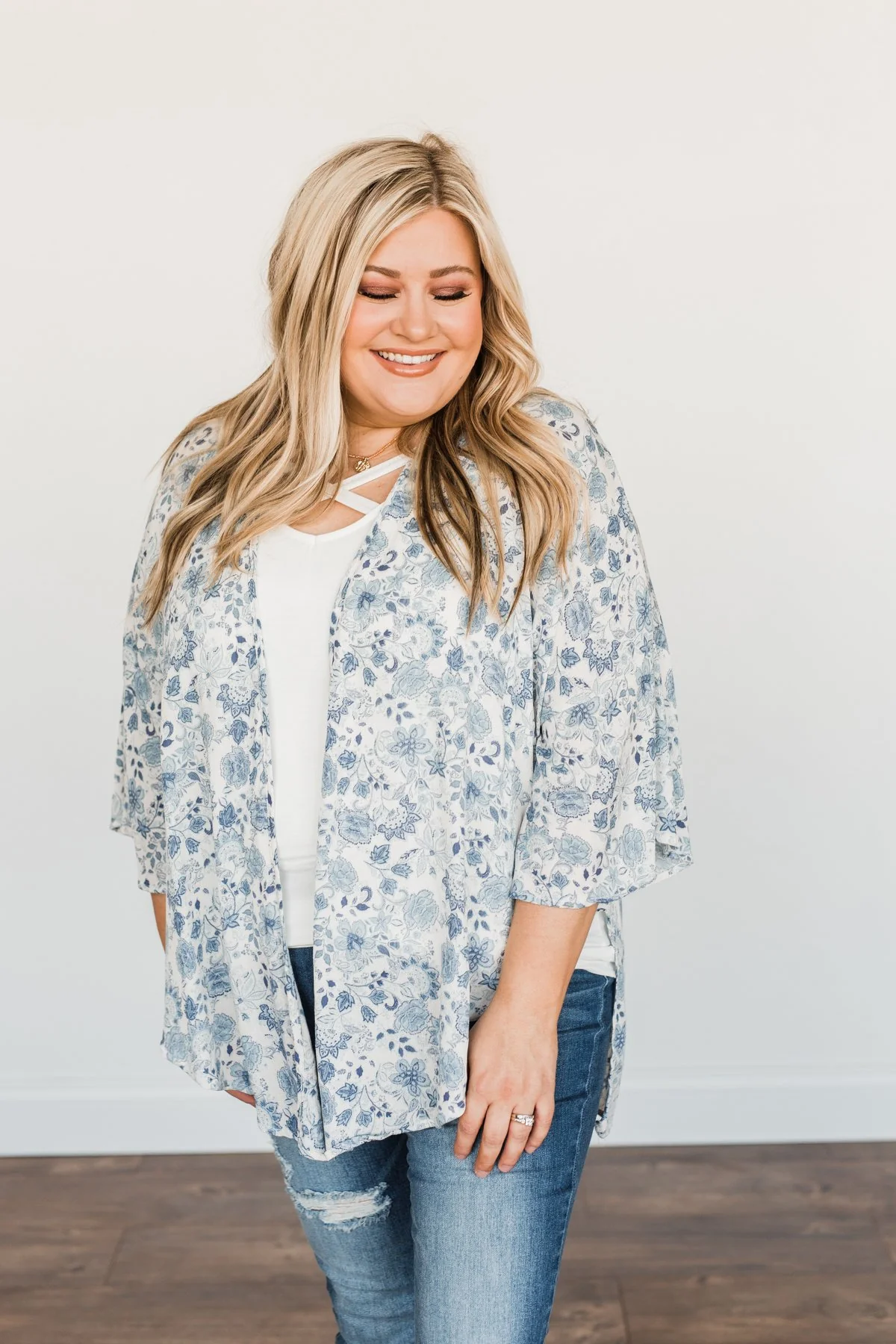 Thoughtful Wishes Floral Kimono- Ivory & Blue - Image 2