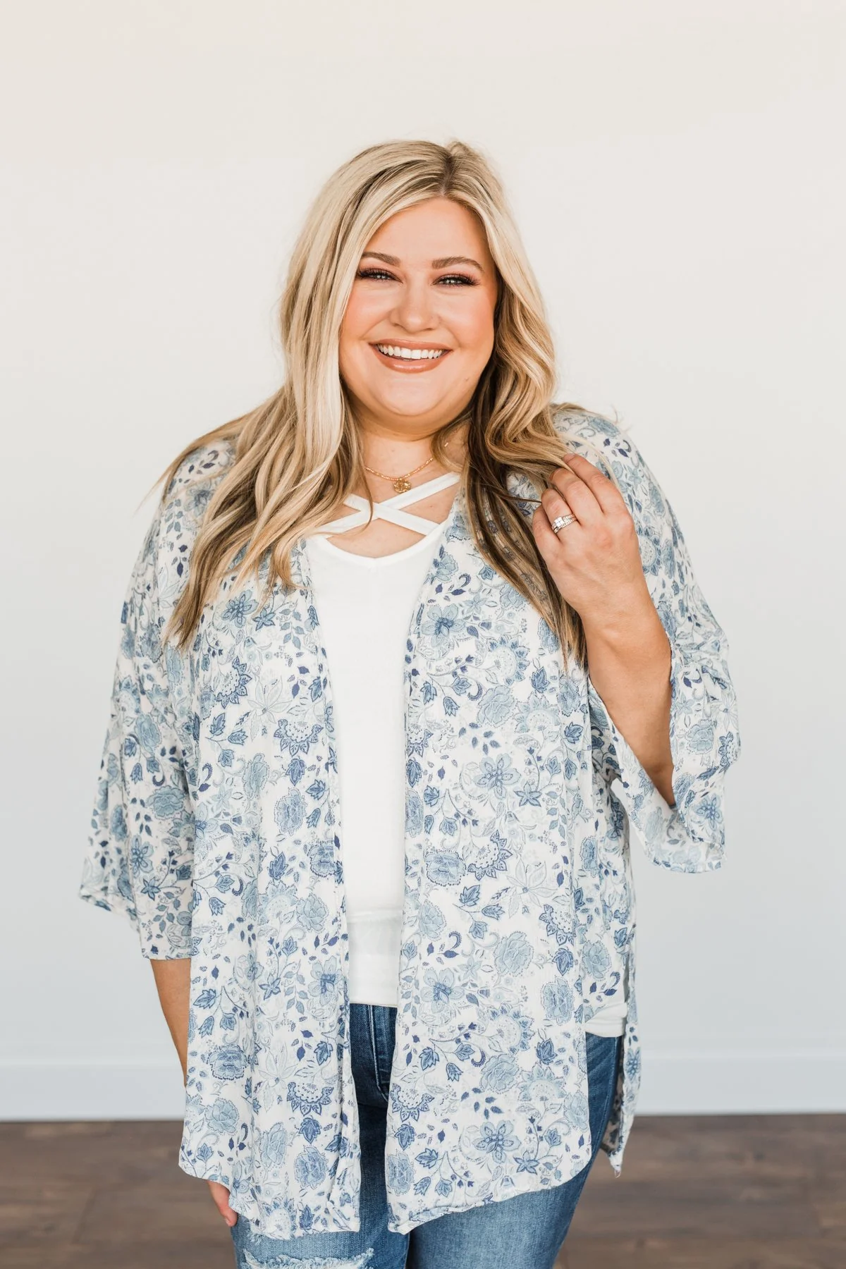 Thoughtful Wishes Floral Kimono- Ivory & Blue - Image 4