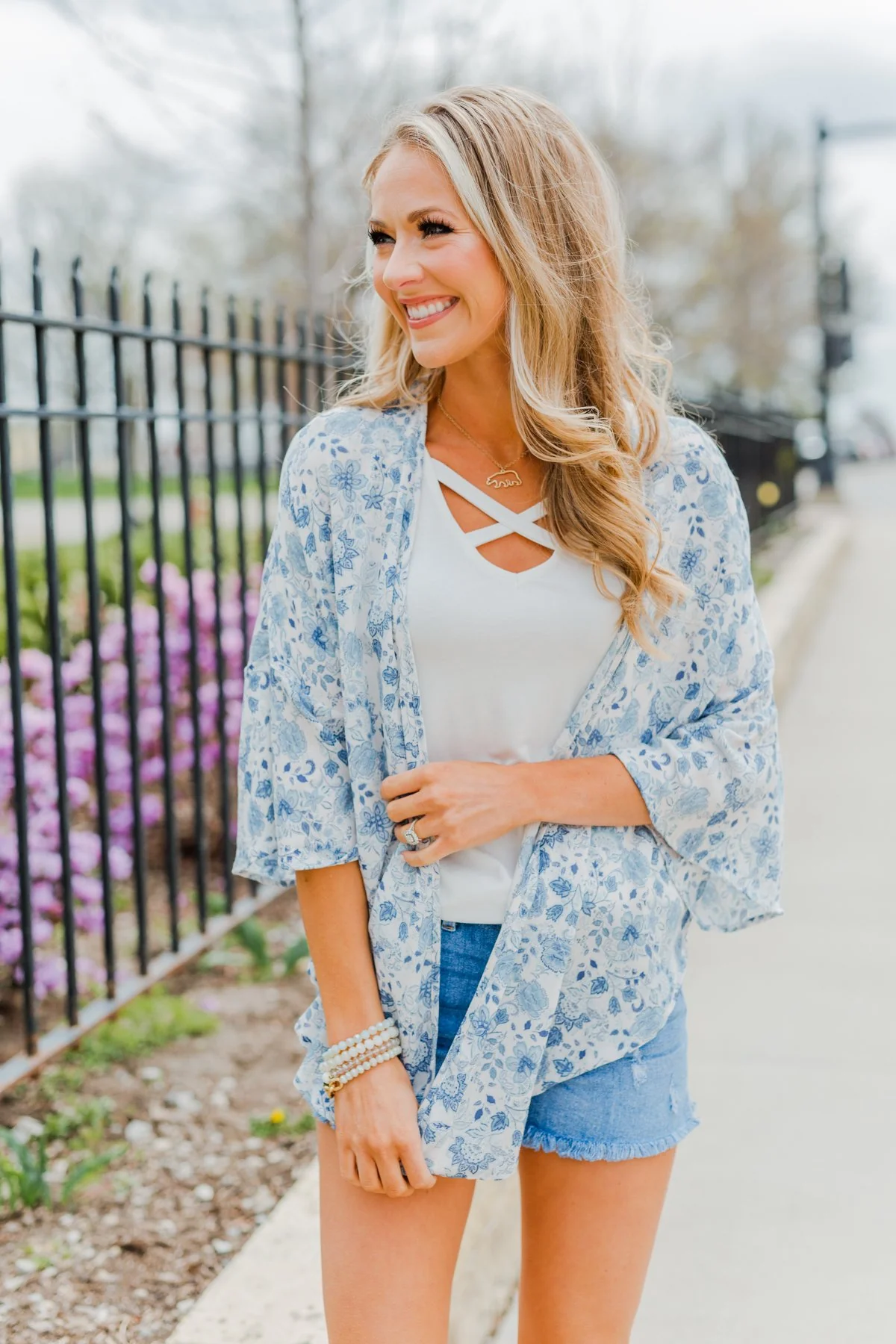 Thoughtful Wishes Floral Kimono- Ivory & Blue - Image 5