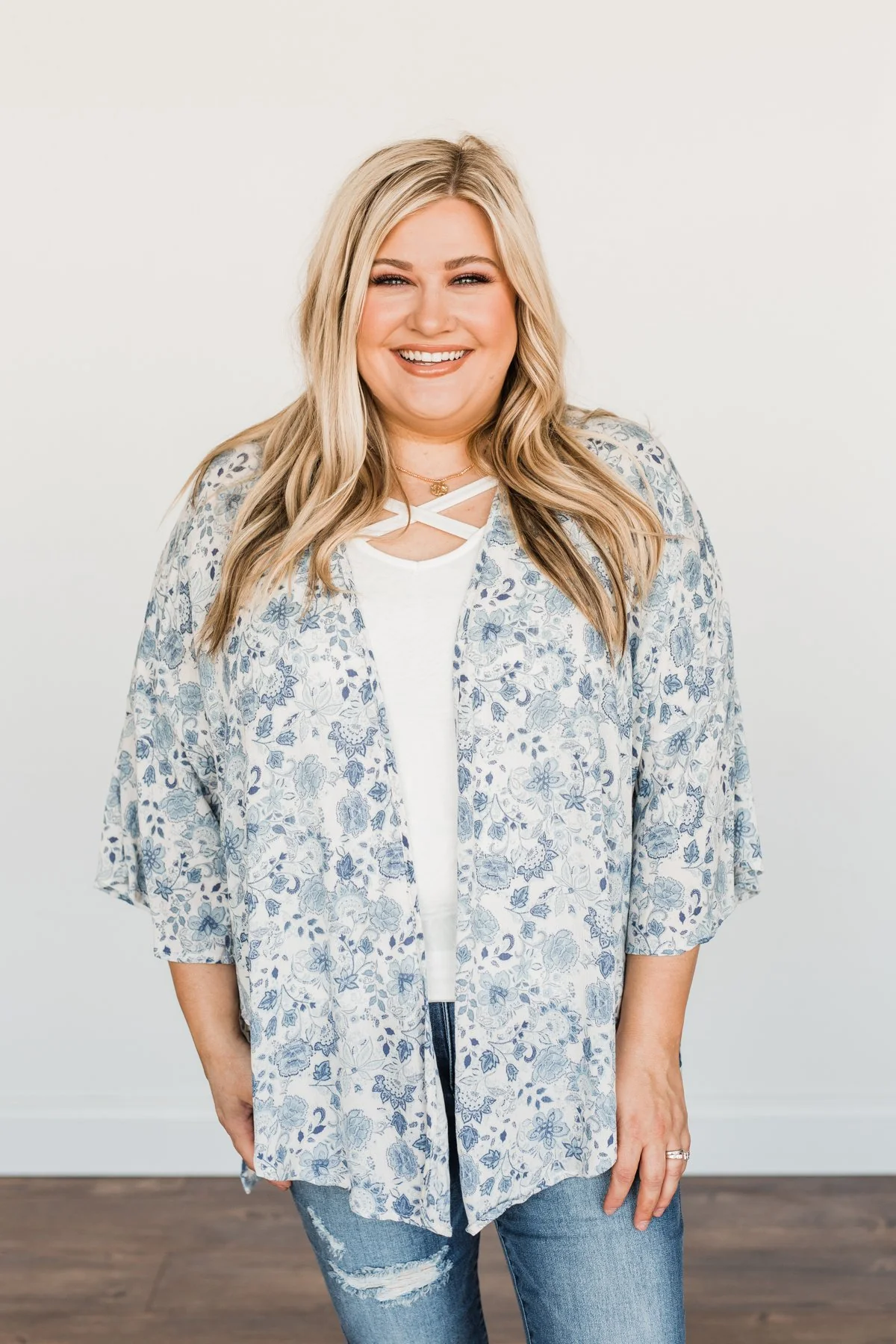 Thoughtful Wishes Floral Kimono- Ivory & Blue - Image 6